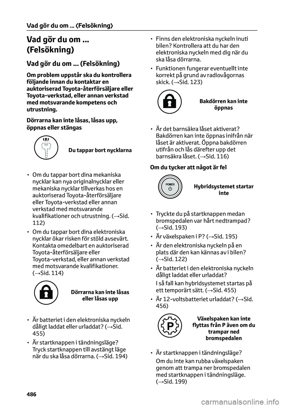 TOYOTA C-HR 2023 Bruksanvisningar (in Swedish) Vad gör du om ...
(Felsökning)
Vad gör du om ... (Felsökning)
Om problem uppstår ska du kontrollera
följande innan du kontaktar en
auktoriserad Toyota-återförsäljare eller
Toyota-verkstad, el TOYOTA C-HR 2023 Bruksanvisningar (in Swedish) Vad gör du om ...
(Felsökning)
Vad gör du om ... (Felsökning)
Om problem uppstår ska du kontrollera
följande innan du kontaktar en
auktoriserad Toyota-återförsäljare eller
Toyota-verkstad, el