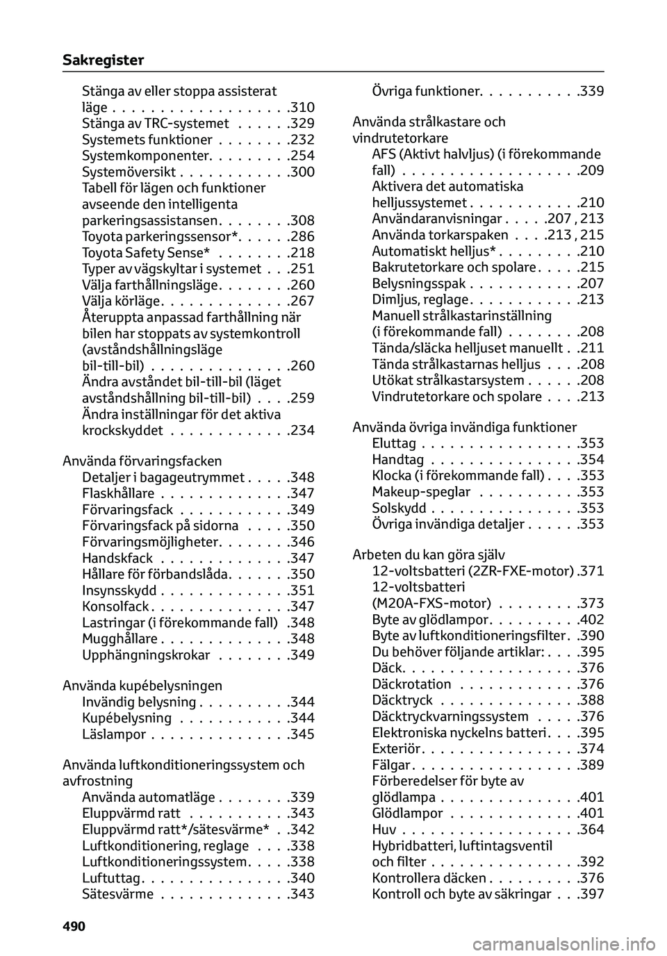 TOYOTA C-HR 2023 Bruksanvisningar (in Swedish) Stänga av eller stoppa assisterat
läge...................310
Stänga av TRC-systemet......329
Systemets funktioner........232
Systemkomponenter.........254
Systemöversikt............300
Tabell för TOYOTA C-HR 2023 Bruksanvisningar (in Swedish) Stänga av eller stoppa assisterat
läge...................310
Stänga av TRC-systemet......329
Systemets funktioner........232
Systemkomponenter.........254
Systemöversikt............300
Tabell för