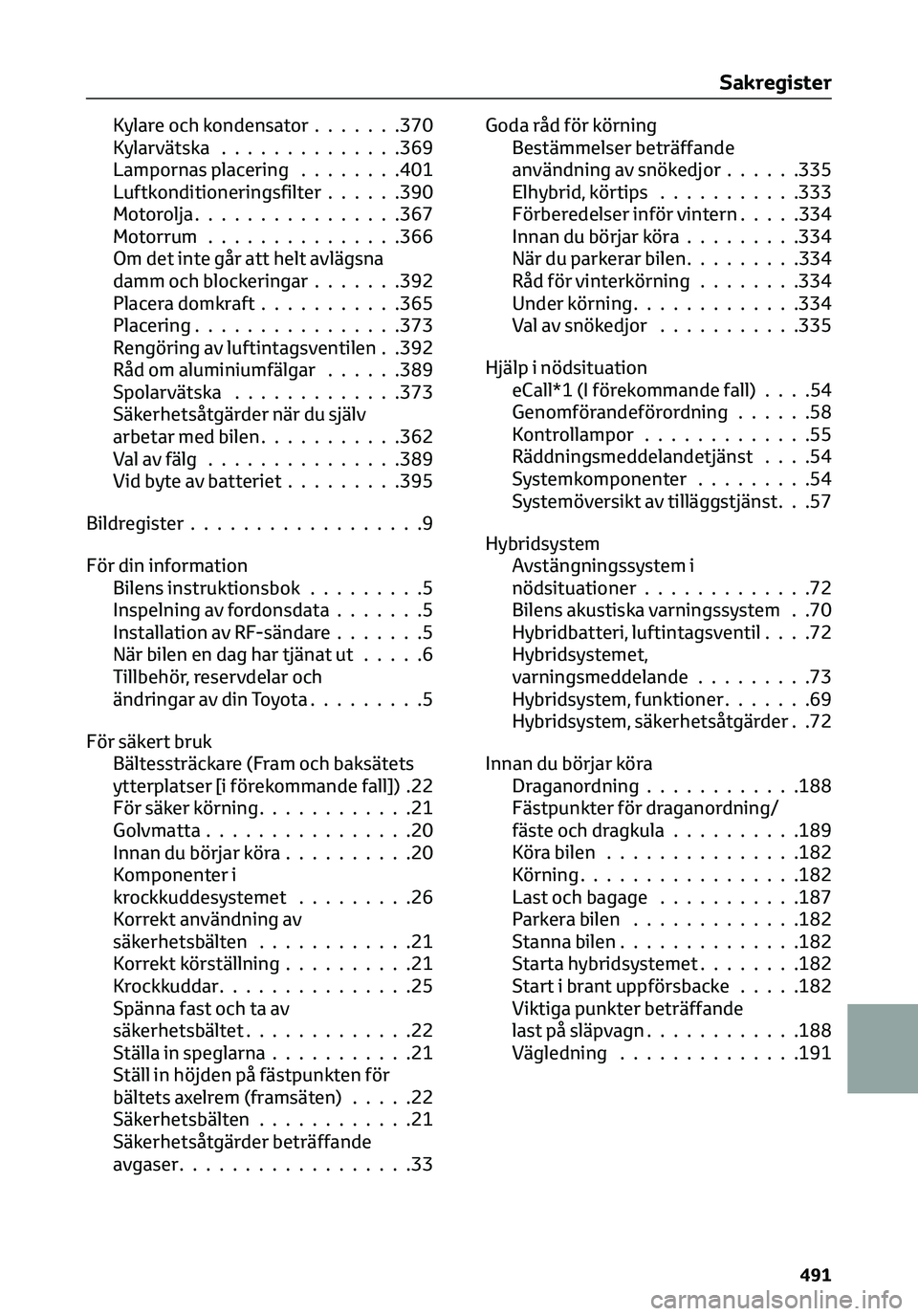 TOYOTA C-HR 2023 Bruksanvisningar (in Swedish) Kylare och kondensator.......370
Kylarvätska..............369
Lampornas placering........401
Luftkonditioneringsfilter......390
Motorolja................367
Motorrum...............366
Om det inte gå TOYOTA C-HR 2023 Bruksanvisningar (in Swedish) Kylare och kondensator.......370
Kylarvätska..............369
Lampornas placering........401
Luftkonditioneringsfilter......390
Motorolja................367
Motorrum...............366
Om det inte gå