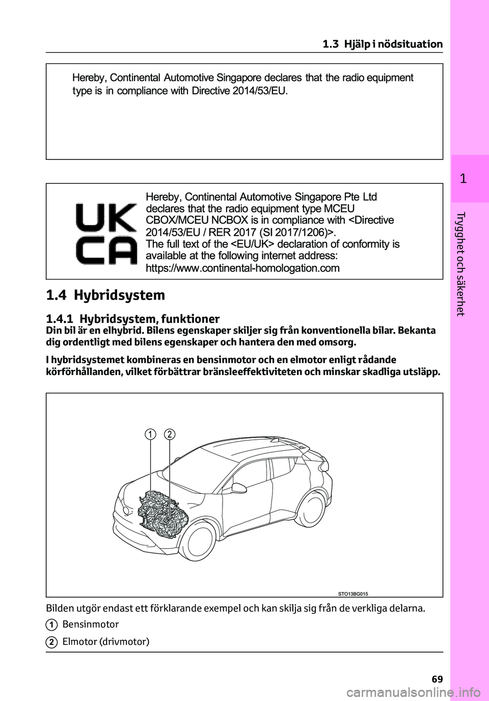 TOYOTA C-HR 2023 Bruksanvisningar (in Swedish) 1.4 Hybridsystem
1.4.1 Hybridsystem, funktionerDin bil är en elhybrid. Bilens egenskaper skiljer sig från konventionella bilar. Bekanta
dig ordentligt med bilens egenskaper och hantera den med omsor TOYOTA C-HR 2023 Bruksanvisningar (in Swedish) 1.4 Hybridsystem
1.4.1 Hybridsystem, funktionerDin bil är en elhybrid. Bilens egenskaper skiljer sig från konventionella bilar. Bekanta
dig ordentligt med bilens egenskaper och hantera den med omsor