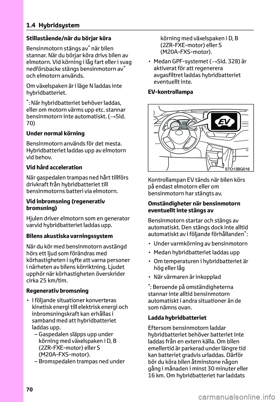 TOYOTA C-HR 2023 Bruksanvisningar (in Swedish) Stillastående/när du börjar köra
Bensinmotorn stängs av
*när bilen
stannar. När du börjar köra drivs bilen av
elmotorn. Vid körning i låg fart eller i svag
nedförsbacke stängs bensinmotor TOYOTA C-HR 2023 Bruksanvisningar (in Swedish) Stillastående/när du börjar köra
Bensinmotorn stängs av
*när bilen
stannar. När du börjar köra drivs bilen av
elmotorn. Vid körning i låg fart eller i svag
nedförsbacke stängs bensinmotor