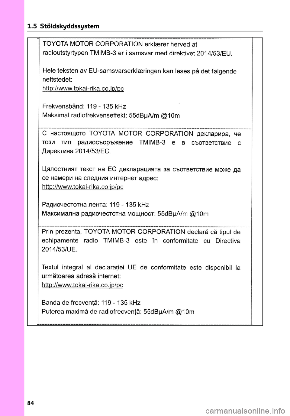 TOYOTA C-HR 2023 Bruksanvisningar (in Swedish) 1 .5 Stöldskyddssystem
84 TOYOTA C-HR 2023 Bruksanvisningar (in Swedish) 1 .5 Stöldskyddssystem
84