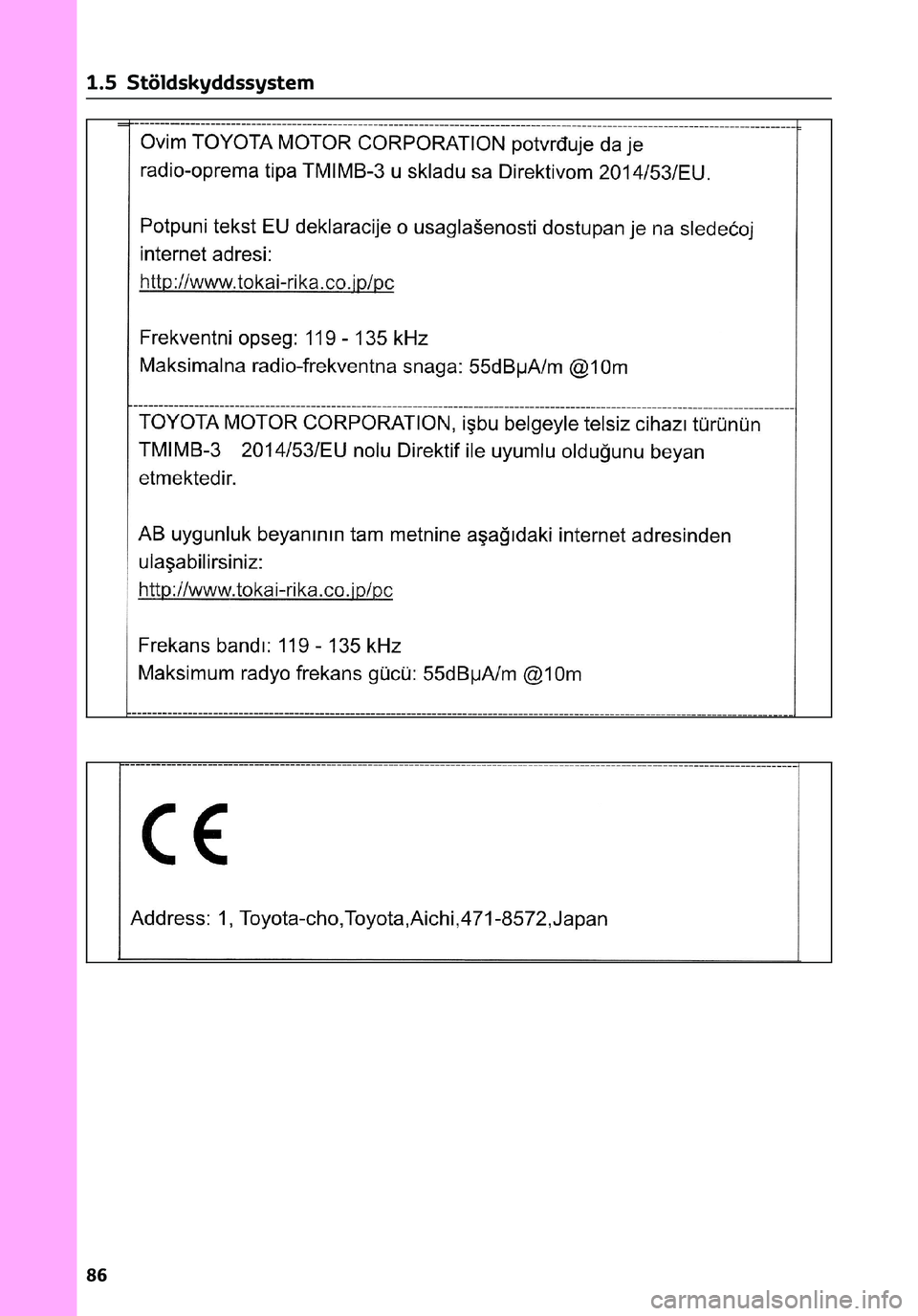 TOYOTA C-HR 2023 Bruksanvisningar (in Swedish) 1 .5 Stöldskyddssystem
86 TOYOTA C-HR 2023 Bruksanvisningar (in Swedish) 1 .5 Stöldskyddssystem
86