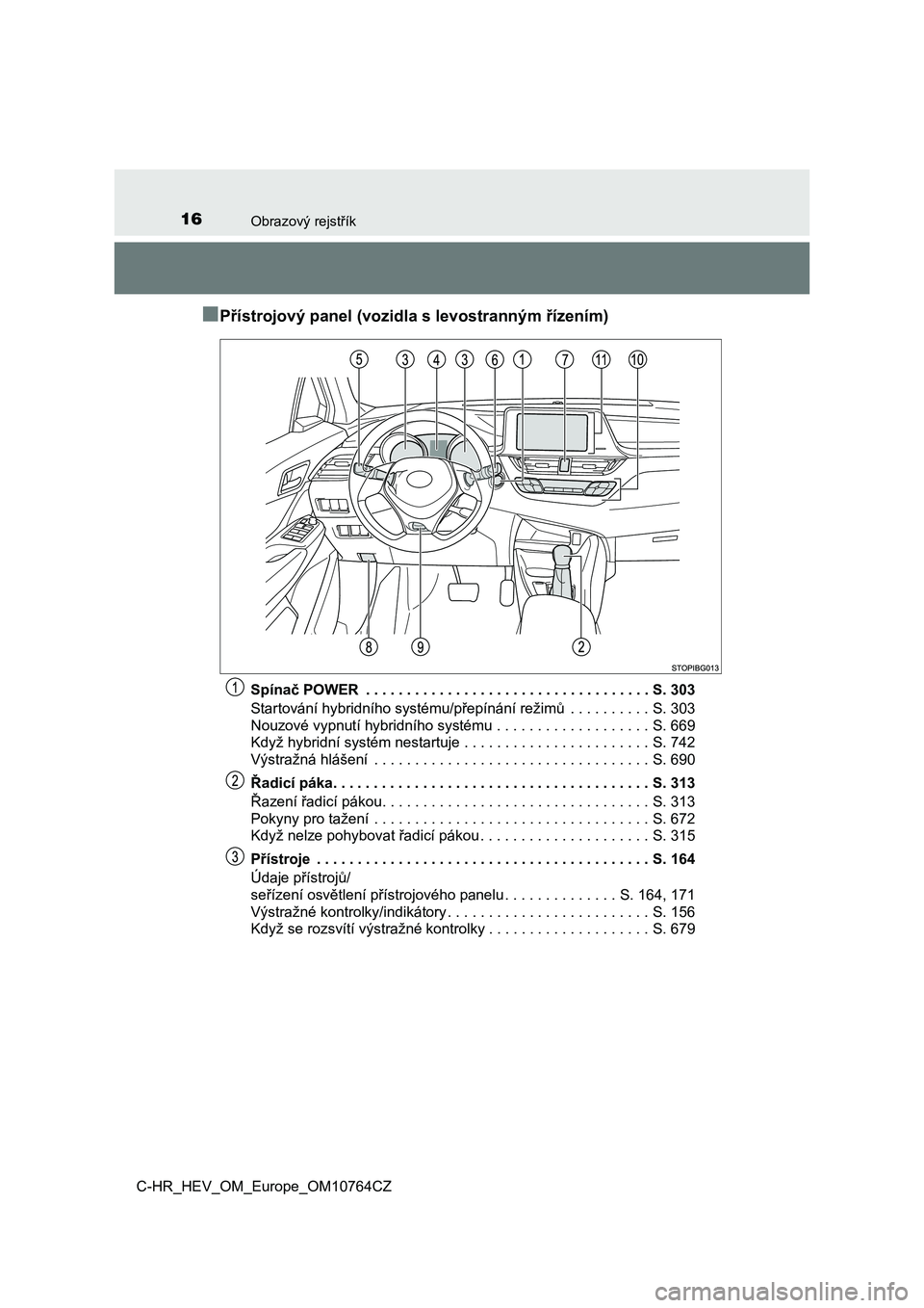 TOYOTA C-HR 2023  Návod na použití (in Czech) 16Obrazový rejstřík
C-HR_HEV_OM_Europe_OM10764CZ
■Přístrojový panel (vozidla s levostranným řízením)
Spínač POWER  . . . . . . . . . . . . . . . . . . . . . . . . . . . . . . . . . . . S