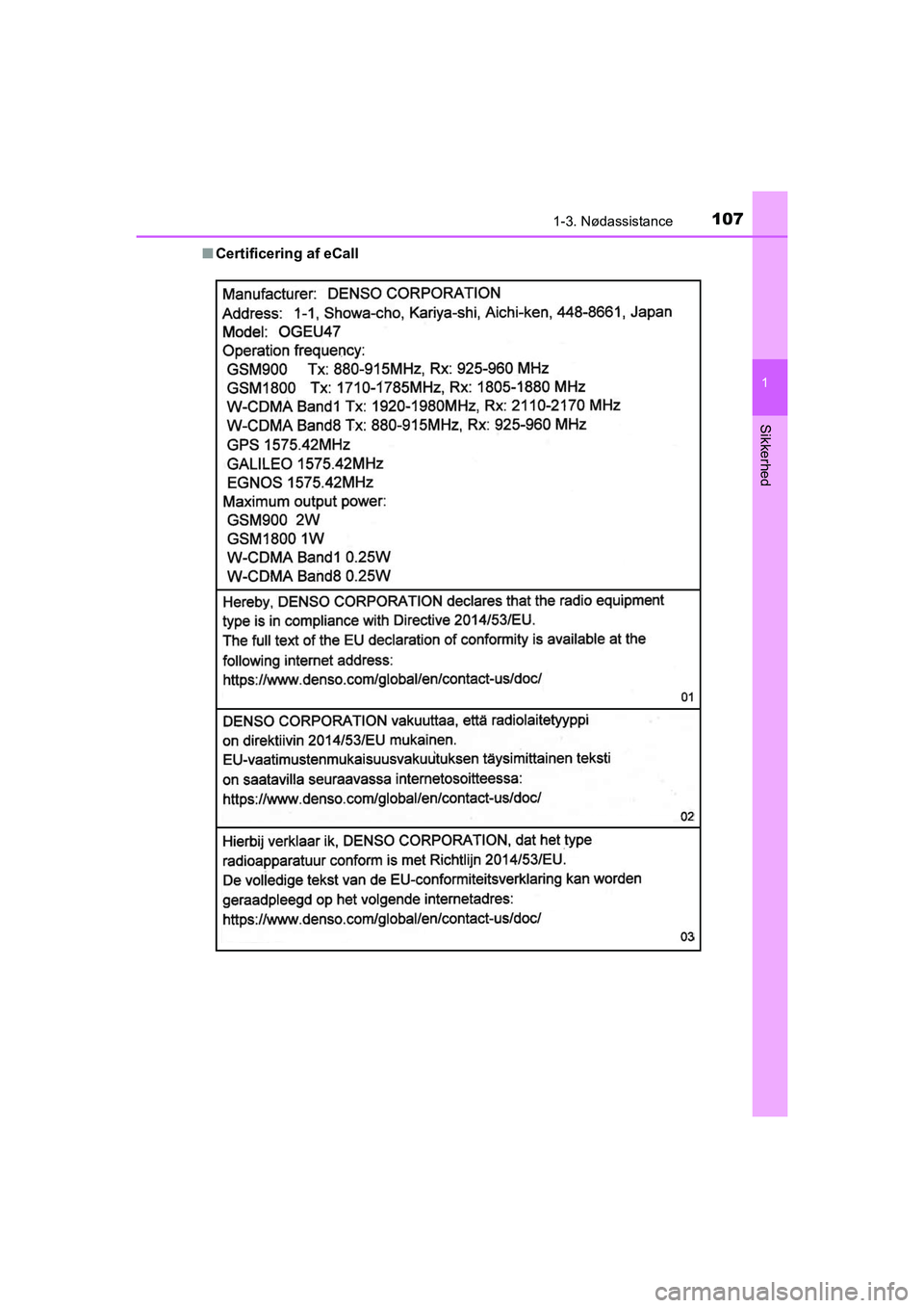 TOYOTA C-HR 2020  Brugsanvisning (in Danish) 1071-3. Nødassistance
1
Sikkerhed
C-HR HV OM10701DKn
Certificering af eCall
OM10566DK.book  Page 107  Frid ay, January 29, 2021  9:55 AM 