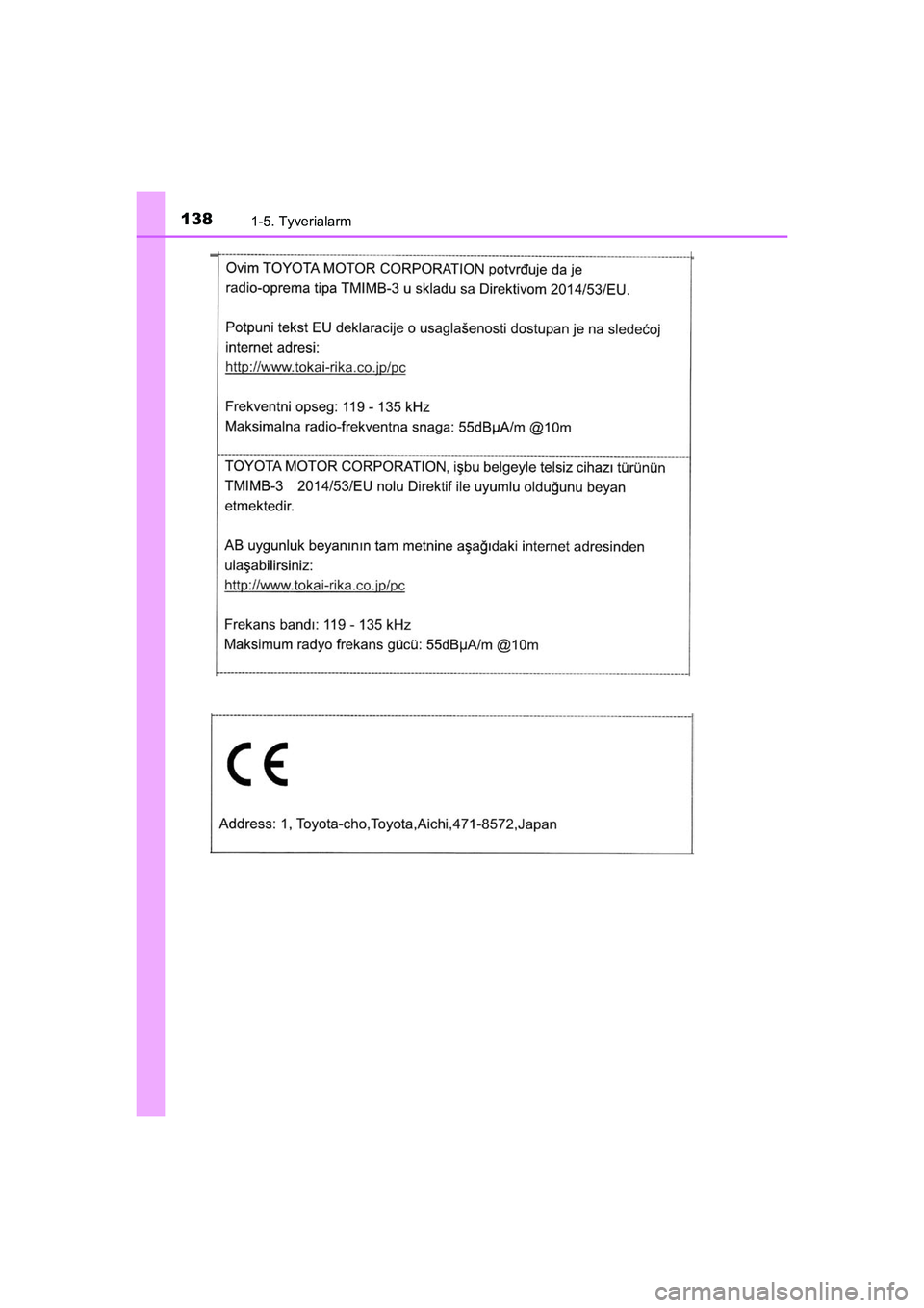 TOYOTA C-HR 2020 Brugsanvisning (in Danish) 1381-5. Tyverialarm
C-HR HV OM10701DK
OM10566DK.book Page 138 Friday, January 29, 2021 9:55 AM TOYOTA C-HR 2020 Brugsanvisning (in Danish) 1381-5. Tyverialarm
C-HR HV OM10701DK
OM10566DK.book Page 138 Friday, January 29, 2021 9:55 AM
