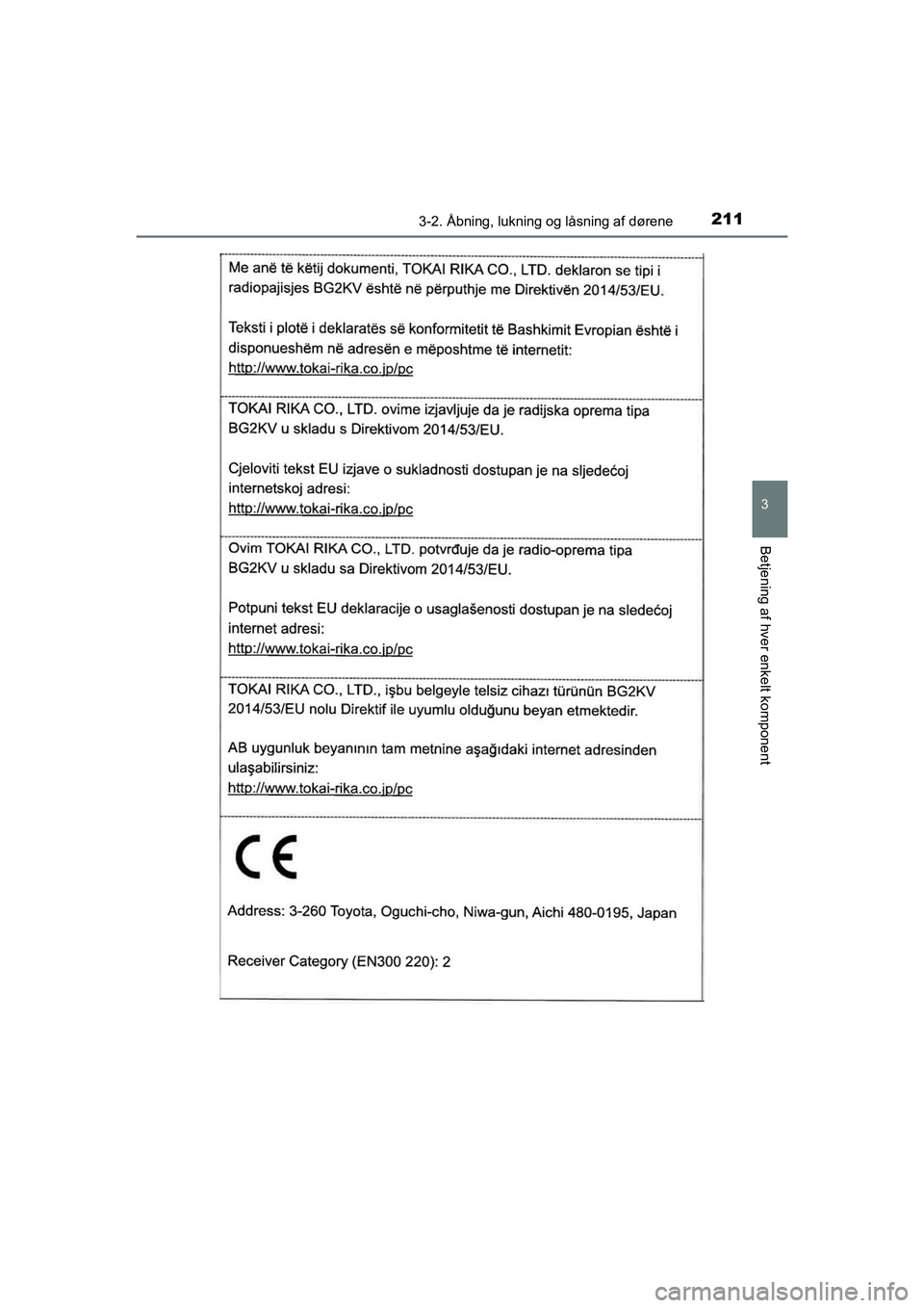 TOYOTA C-HR 2020  Brugsanvisning (in Danish) 2113-2. Åbning, lukning og låsning af dørene
3
Betjening af hver enkelt komponent
C-HR HV OM10701DK
OM10566DK.book  Page 211  Friday, January 29, 2021  9:55 AM 