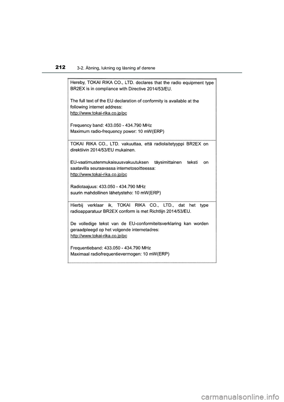 TOYOTA C-HR 2020  Brugsanvisning (in Danish) 2123-2. Åbning, lukning og låsning af dørene
C-HR HV OM10701DK
OM10566DK.book  Page 212  Friday, January 29, 2021  9:55 AM 