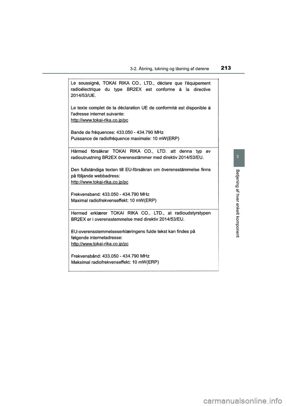 TOYOTA C-HR 2020  Brugsanvisning (in Danish) 2133-2. Åbning, lukning og låsning af dørene
3
Betjening af hver enkelt komponent
C-HR HV OM10701DK
OM10566DK.book  Page 213  Friday, January 29, 2021  9:55 AM 