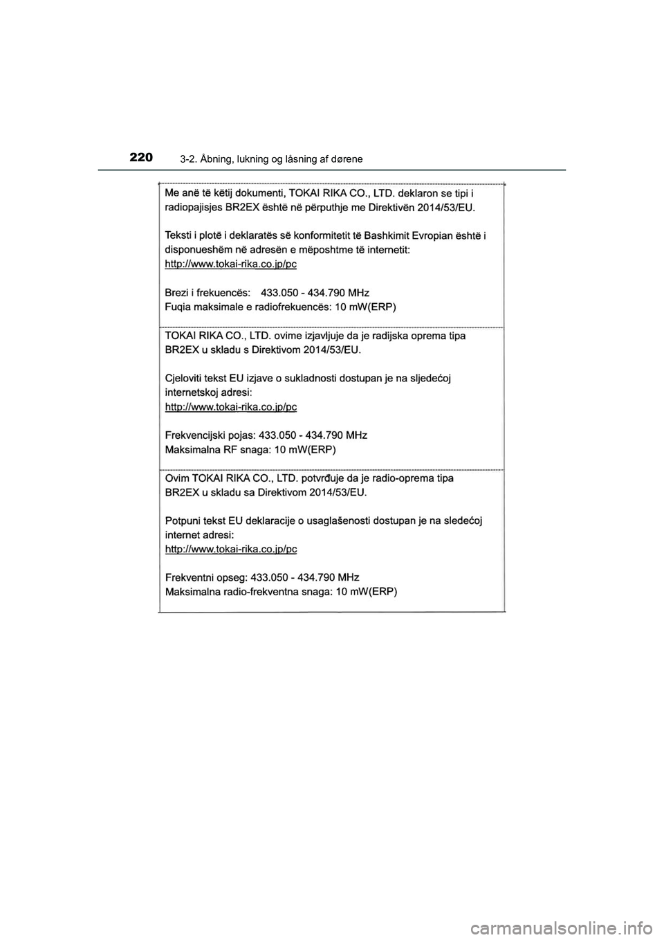 TOYOTA C-HR 2021  Brugsanvisning (in Danish) 2203-2. Åbning, lukning og låsning af dørene
C-HR HV OM10701DK
OM10566DK.book  Page 220  Friday, January 29, 2021  9:55 AM 