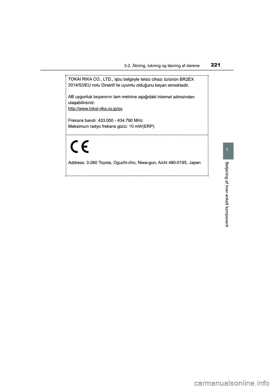 TOYOTA C-HR 2021  Brugsanvisning (in Danish) 2213-2. Åbning, lukning og låsning af dørene
3
Betjening af hver enkelt komponent
C-HR HV OM10701DK
OM10566DK.book  Page 221  Friday, January 29, 2021  9:55 AM 