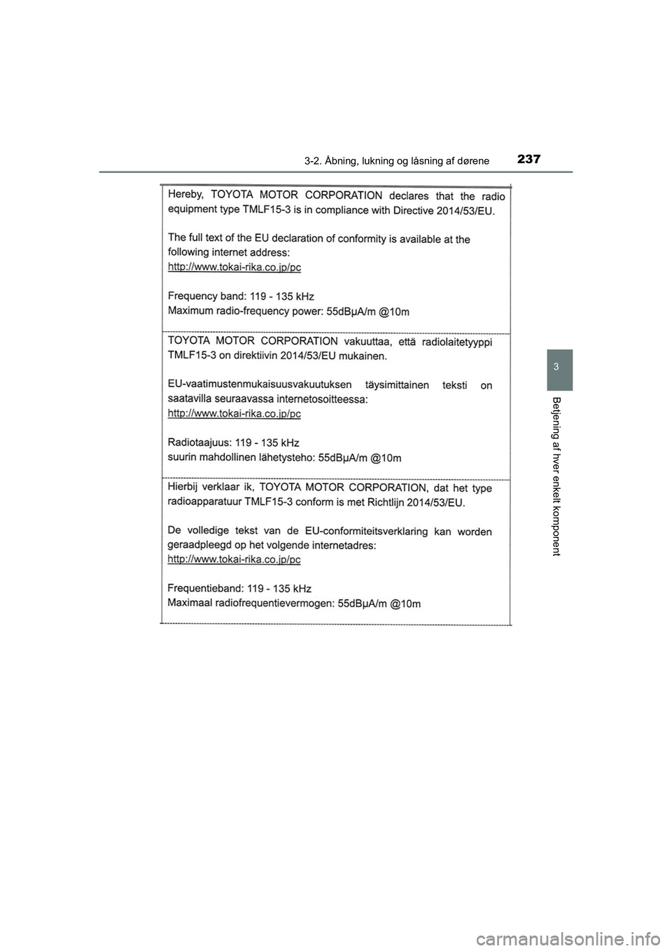 TOYOTA C-HR 2021  Brugsanvisning (in Danish) 2373-2. Åbning, lukning og låsning af dørene
3
Betjening af hver enkelt komponent
C-HR HV OM10701DK
OM10566DK.book  Page 237  Friday, January 29, 2021  9:55 AM 