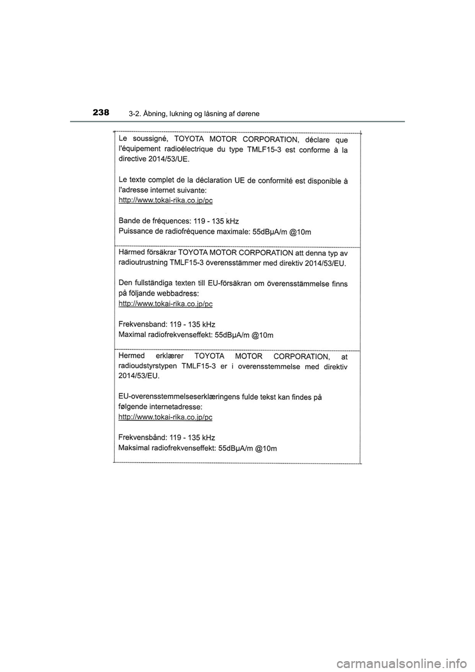 TOYOTA C-HR 2021  Brugsanvisning (in Danish) 2383-2. Åbning, lukning og låsning af dørene
C-HR HV OM10701DK
OM10566DK.book  Page 238  Friday, January 29, 2021  9:55 AM 