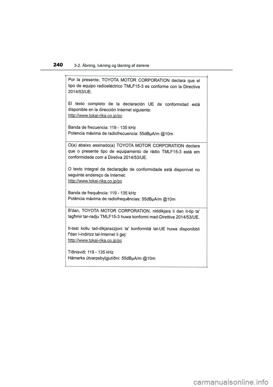 TOYOTA C-HR 2020  Brugsanvisning (in Danish) 2403-2. Åbning, lukning og låsning af dørene
C-HR HV OM10701DK
OM10566DK.book  Page 240  Friday, January 29, 2021  9:55 AM 