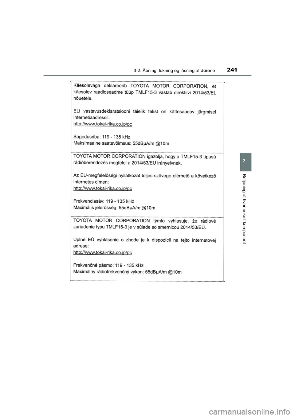 TOYOTA C-HR 2020  Brugsanvisning (in Danish) 2413-2. Åbning, lukning og låsning af dørene
3
Betjening af hver enkelt komponent
C-HR HV OM10701DK
OM10566DK.book  Page 241  Friday, January 29, 2021  9:55 AM 