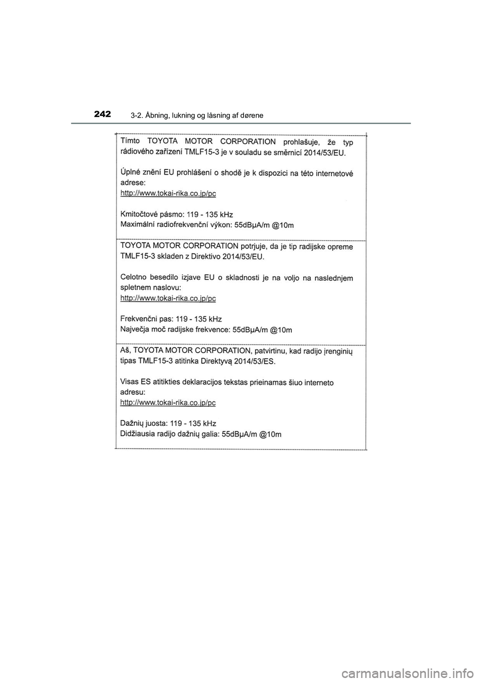TOYOTA C-HR 2020  Brugsanvisning (in Danish) 2423-2. Åbning, lukning og låsning af dørene
C-HR HV OM10701DK
OM10566DK.book  Page 242  Friday, January 29, 2021  9:55 AM 