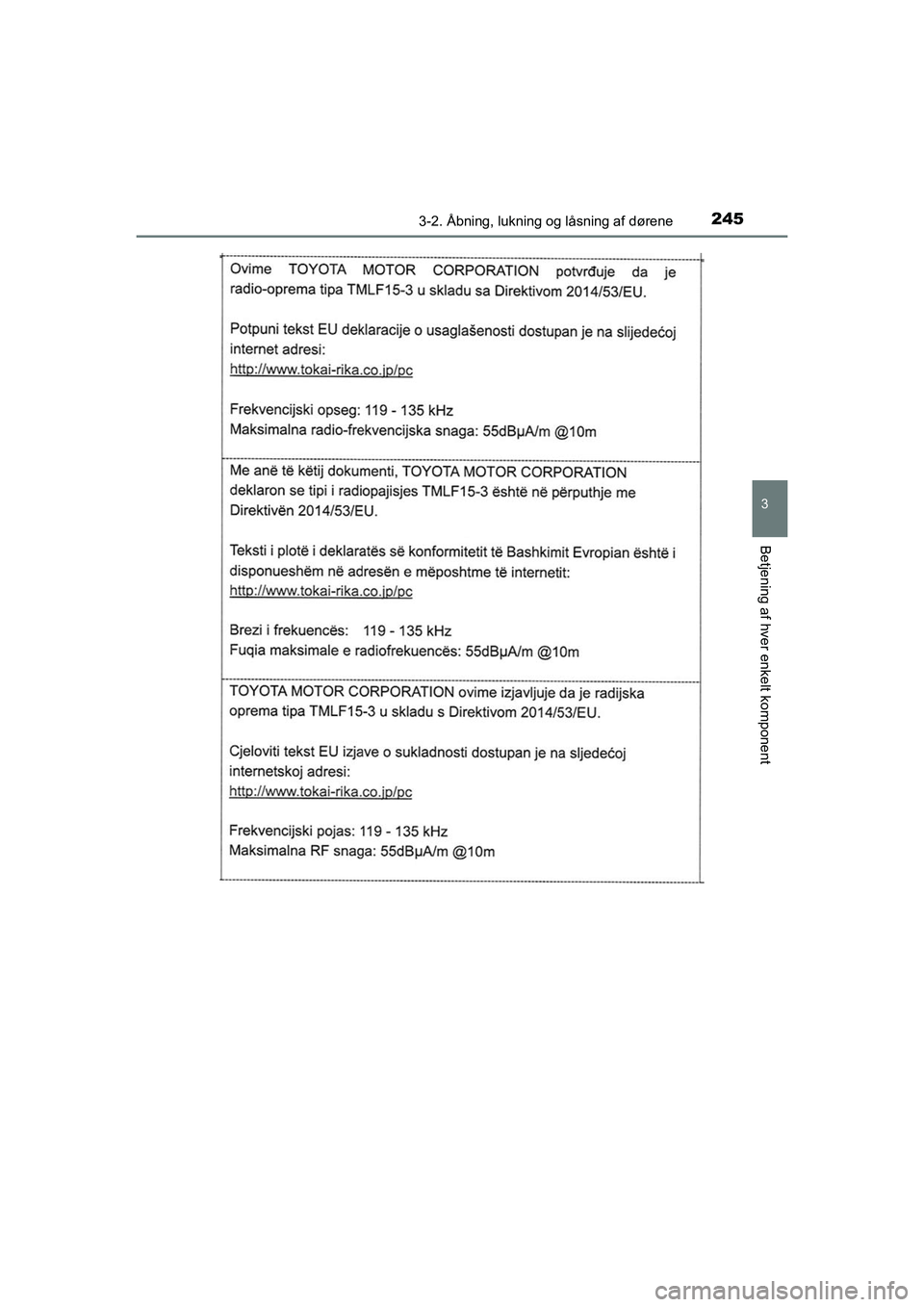 TOYOTA C-HR 2020  Brugsanvisning (in Danish) 2453-2. Åbning, lukning og låsning af dørene
3
Betjening af hver enkelt komponent
C-HR HV OM10701DK
OM10566DK.book  Page 245  Friday, January 29, 2021  9:55 AM 