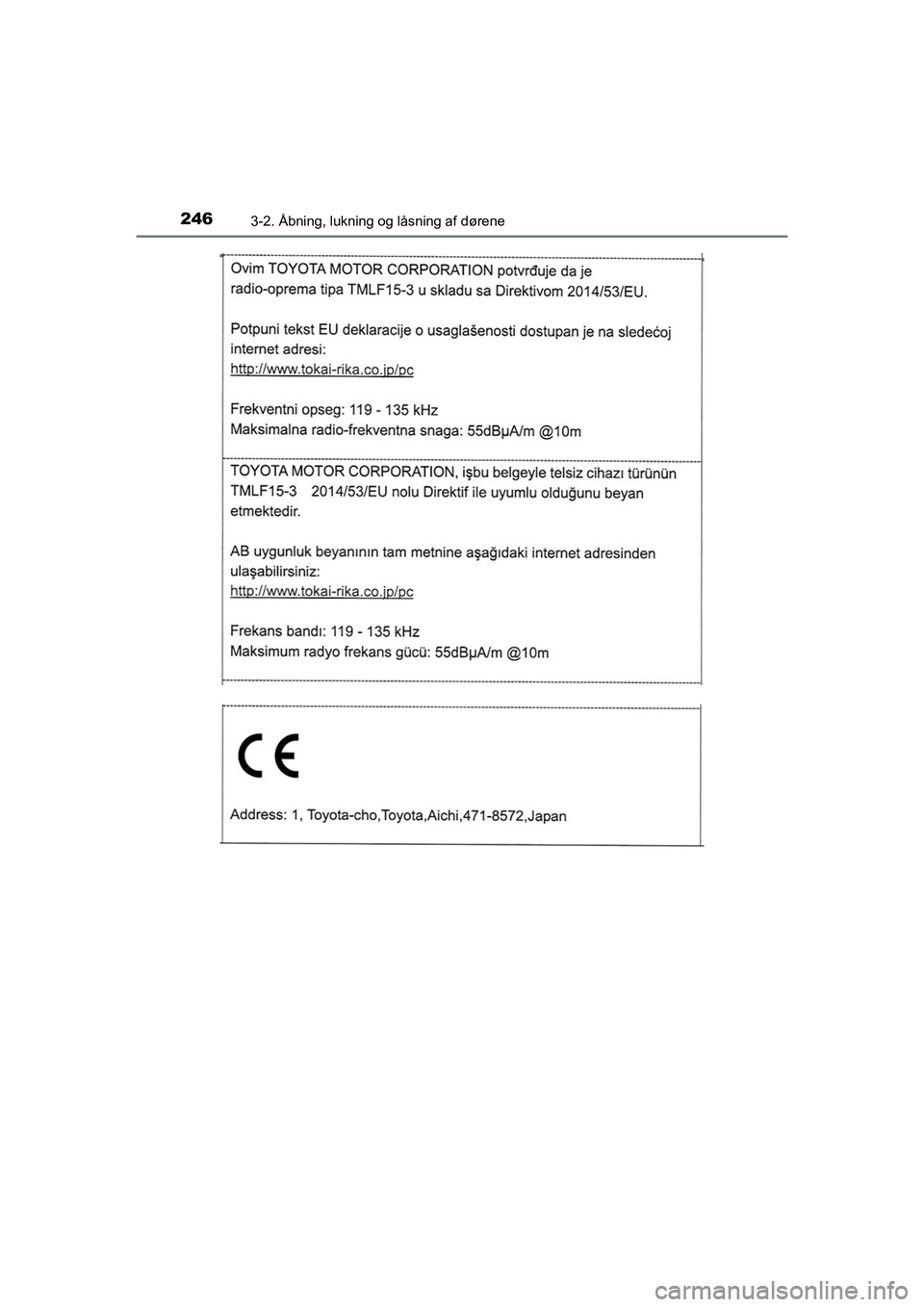 TOYOTA C-HR 2020  Brugsanvisning (in Danish) 2463-2. Åbning, lukning og låsning af dørene
C-HR HV OM10701DK
OM10566DK.book  Page 246  Friday, January 29, 2021  9:55 AM 