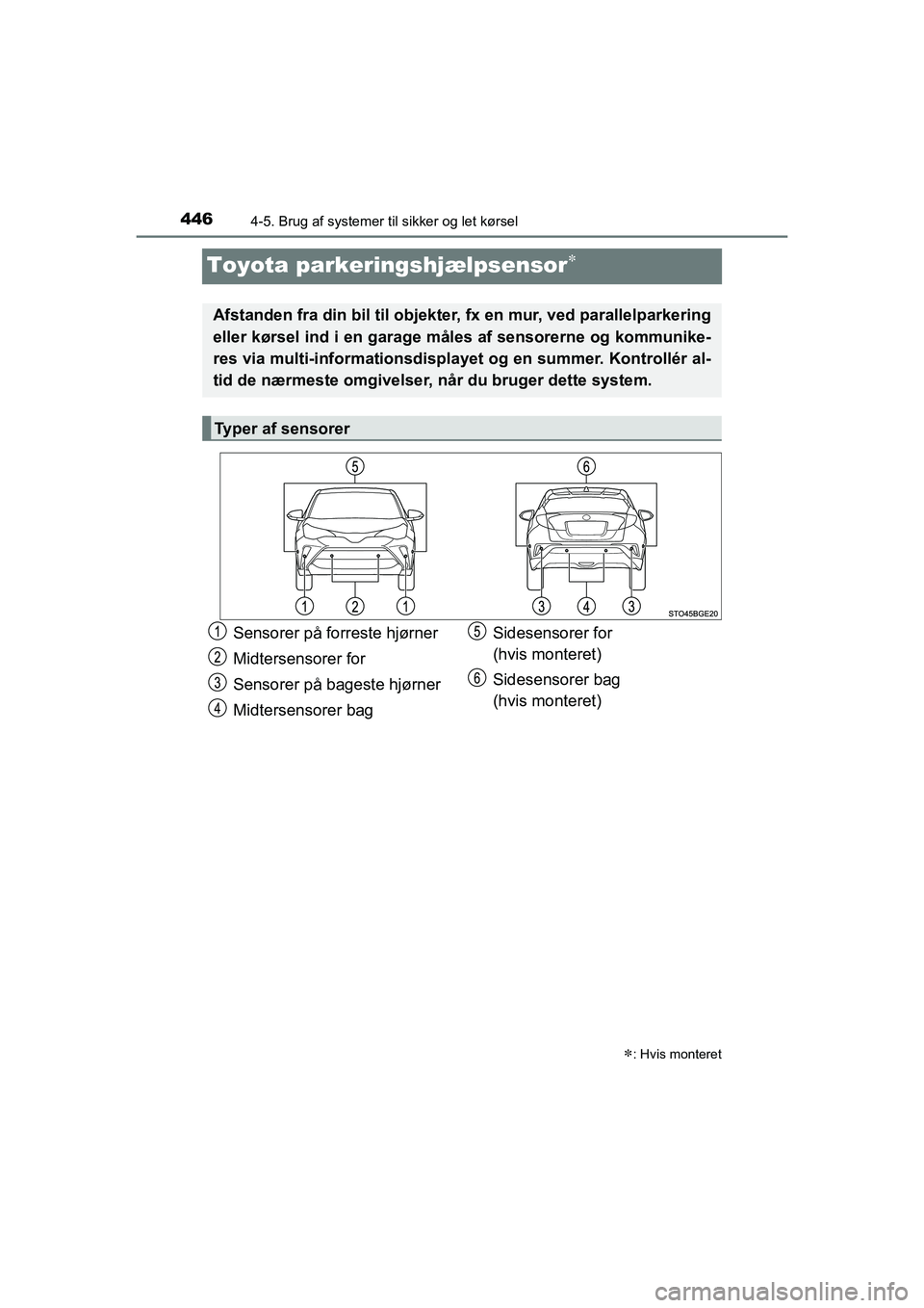 TOYOTA C-HR 2020 Brugsanvisning (in Danish) 4464-5. Brug af systemer til sikker og let kørsel
C-HR HV OM10701DK
Toyota parkeringshjælpsensor
: Hvis monteret
Afstanden fra din bil til objekter, fx en mur, ved parallelparkering
eller kø TOYOTA C-HR 2020 Brugsanvisning (in Danish) 4464-5. Brug af systemer til sikker og let kørsel
C-HR HV OM10701DK
Toyota parkeringshjælpsensor
: Hvis monteret
Afstanden fra din bil til objekter, fx en mur, ved parallelparkering
eller kø