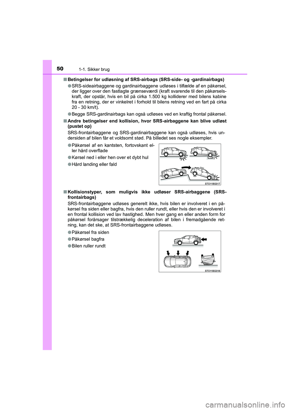 TOYOTA C-HR 2020  Brugsanvisning (in Danish) 501-1. Sikker brug
C-HR HV OM10701DKn
Betingelser for udløsning af SRS-airbags (SRS-side- og -gardinairbags)
lSRS-sideairbaggene og gardinairbaggene udløses i tilfælde af en påkørsel,
der ligger 
