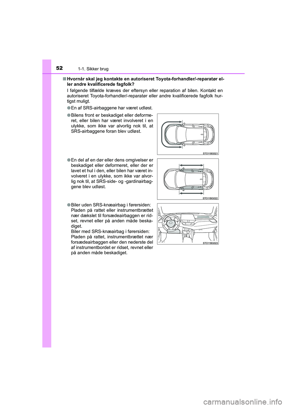 TOYOTA C-HR 2020  Brugsanvisning (in Danish) 521-1. Sikker brug
C-HR HV OM10701DKn
Hvornår skal jeg kontakte en autoriser et Toyota-forhandler/-reparatør el-
ler andre kvalificerede fagfolk?
I følgende tilfælde kræves der eftersyn eller rep