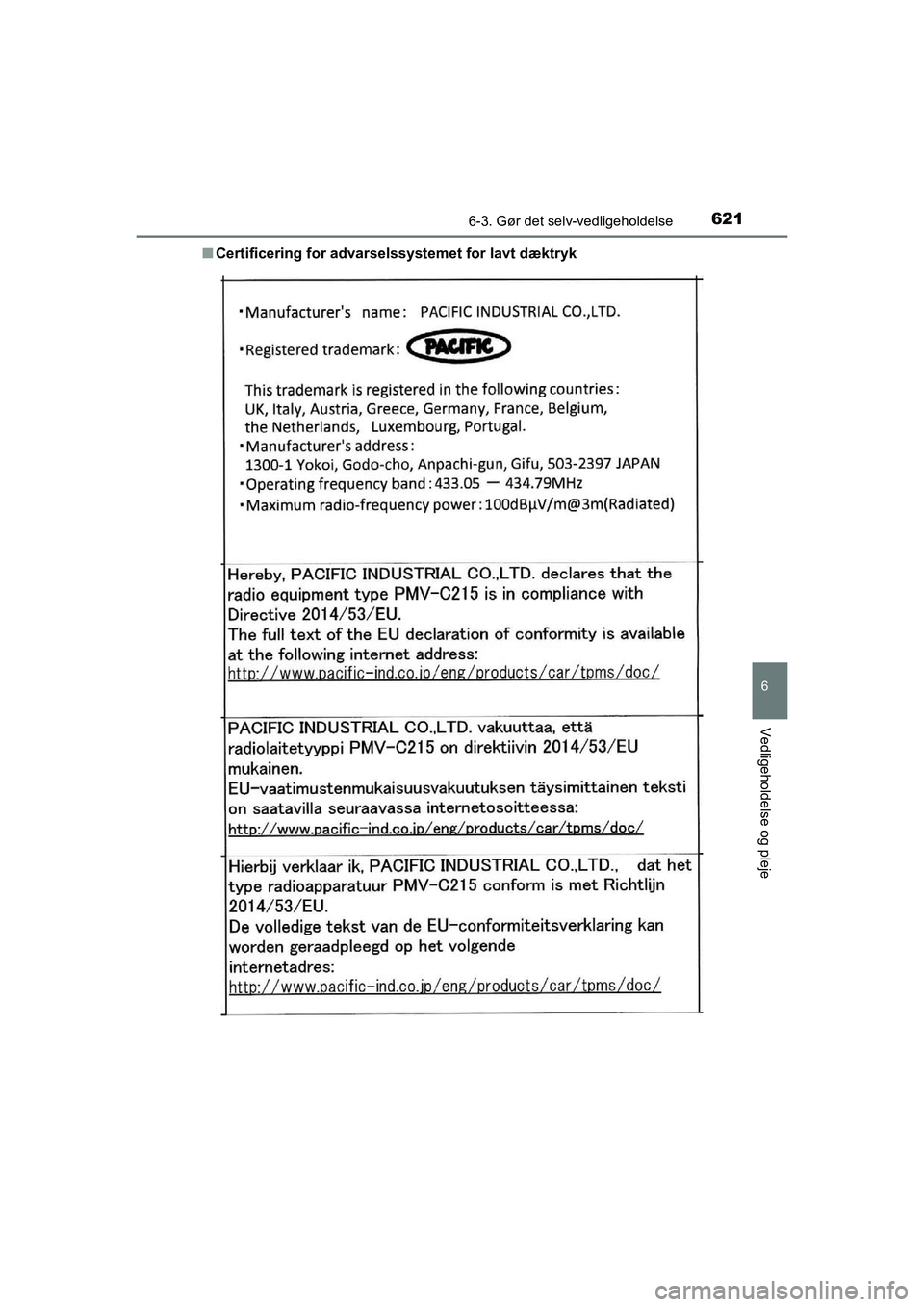 TOYOTA C-HR 2020  Brugsanvisning (in Danish) 6216-3. Gør det selv-vedligeholdelse
6
Vedligeholdelse og pleje
C-HR HV OM10701DKn
Certificering for advarselssystemet for lavt dæktryk
OM10566DK.book  Page 621  Frid ay, January 29, 2021  9:55 AM 