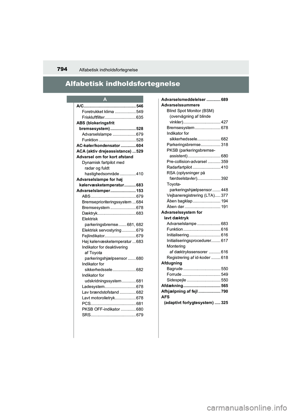 TOYOTA C-HR 2020 Brugsanvisning (in Danish) 794Alfabetisk indholdsfortegnelse
C-HR HV OM10701DK
Alfabetisk indholdsfortegnelse
A/C............................................. 546
Foretrukket klima .................. 549
Friskluftfilter........ TOYOTA C-HR 2020 Brugsanvisning (in Danish) 794Alfabetisk indholdsfortegnelse
C-HR HV OM10701DK
Alfabetisk indholdsfortegnelse
A/C............................................. 546
Foretrukket klima .................. 549
Friskluftfilter........