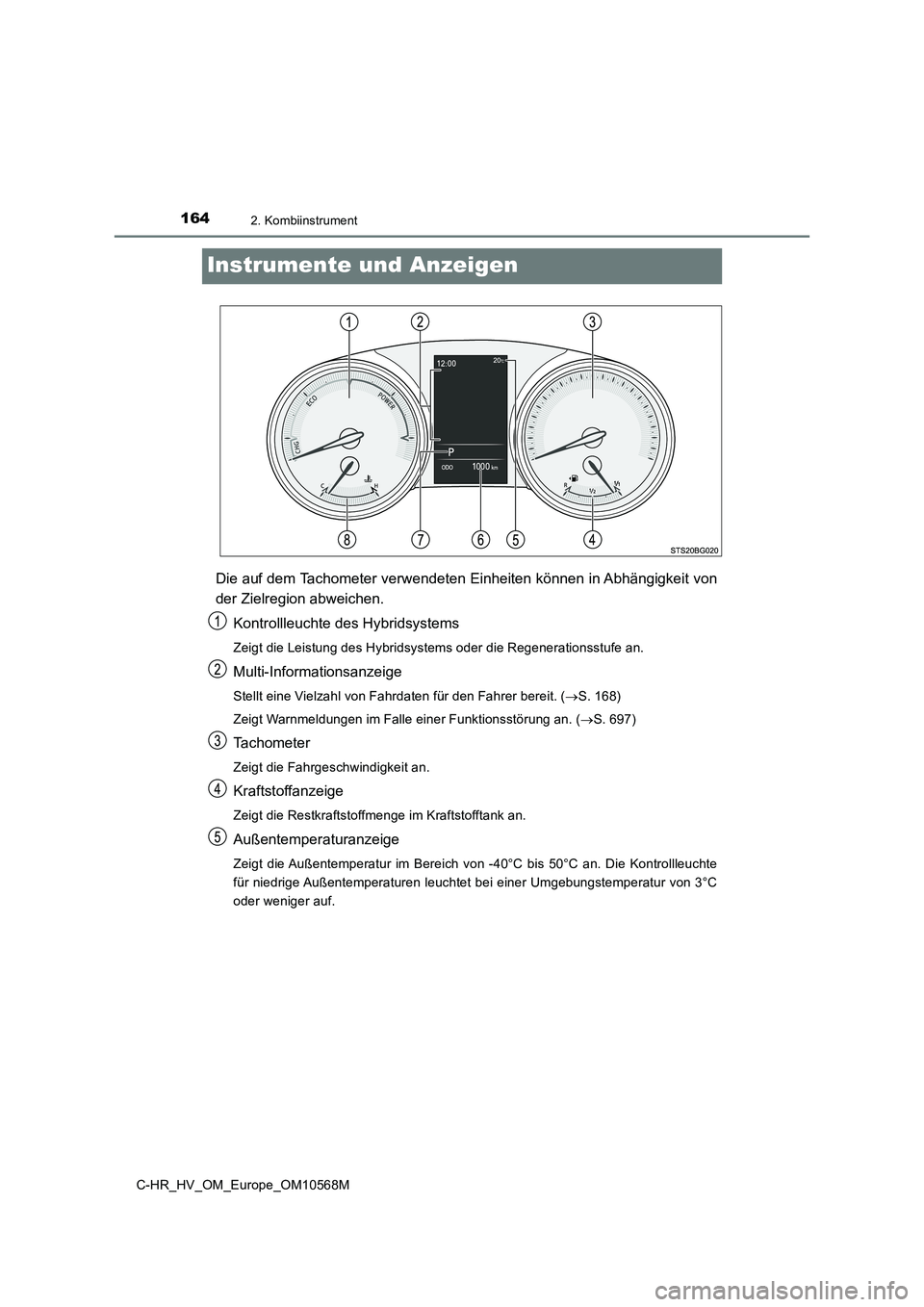 TOYOTA C-HR 2021 Betriebsanleitungen (in German) 1642. Kombiinstrument
C-HR_HV_OM_Europe_OM10568M
Instrumente und Anzeigen
Die auf dem Tachometer verwendeten Einheiten können in Abhängigkeit von
der Zielregion abweichen.
Kontrollleuchte des Hybr TOYOTA C-HR 2021 Betriebsanleitungen (in German) 1642. Kombiinstrument
C-HR_HV_OM_Europe_OM10568M
Instrumente und Anzeigen
Die auf dem Tachometer verwendeten Einheiten können in Abhängigkeit von
der Zielregion abweichen.
Kontrollleuchte des Hybr