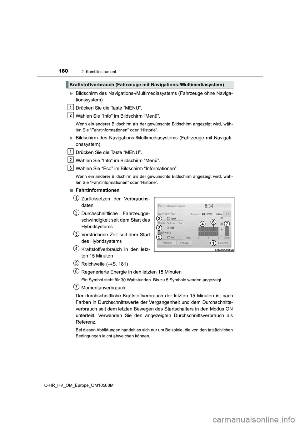 TOYOTA C-HR 2020 Betriebsanleitungen (in German) 1802. Kombiinstrument
C-HR_HV_OM_Europe_OM10568M
Bildschirm des Navigations-/Multimediasystems (Fahrzeuge ohne Naviga-
tionssystem)
Drücken Sie die Taste “MENU”.
Wählen Sie “Info” im Bild TOYOTA C-HR 2020 Betriebsanleitungen (in German) 1802. Kombiinstrument
C-HR_HV_OM_Europe_OM10568M
Bildschirm des Navigations-/Multimediasystems (Fahrzeuge ohne Naviga-
tionssystem)
Drücken Sie die Taste “MENU”.
Wählen Sie “Info” im Bild