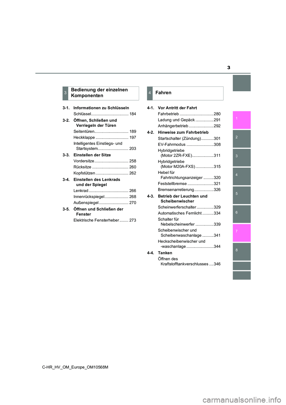 TOYOTA C-HR 2020  Betriebsanleitungen (in German) 3
1 
5 
4
3
2
C-HR_HV_OM_Europe_OM10568M
8
7
6
3-1. Informationen zu Schlüsseln 
Schlüssel................................. 184 
3-2. Öffnen, Schließen und  
Verriegeln der Türen 
Seitentüren...
