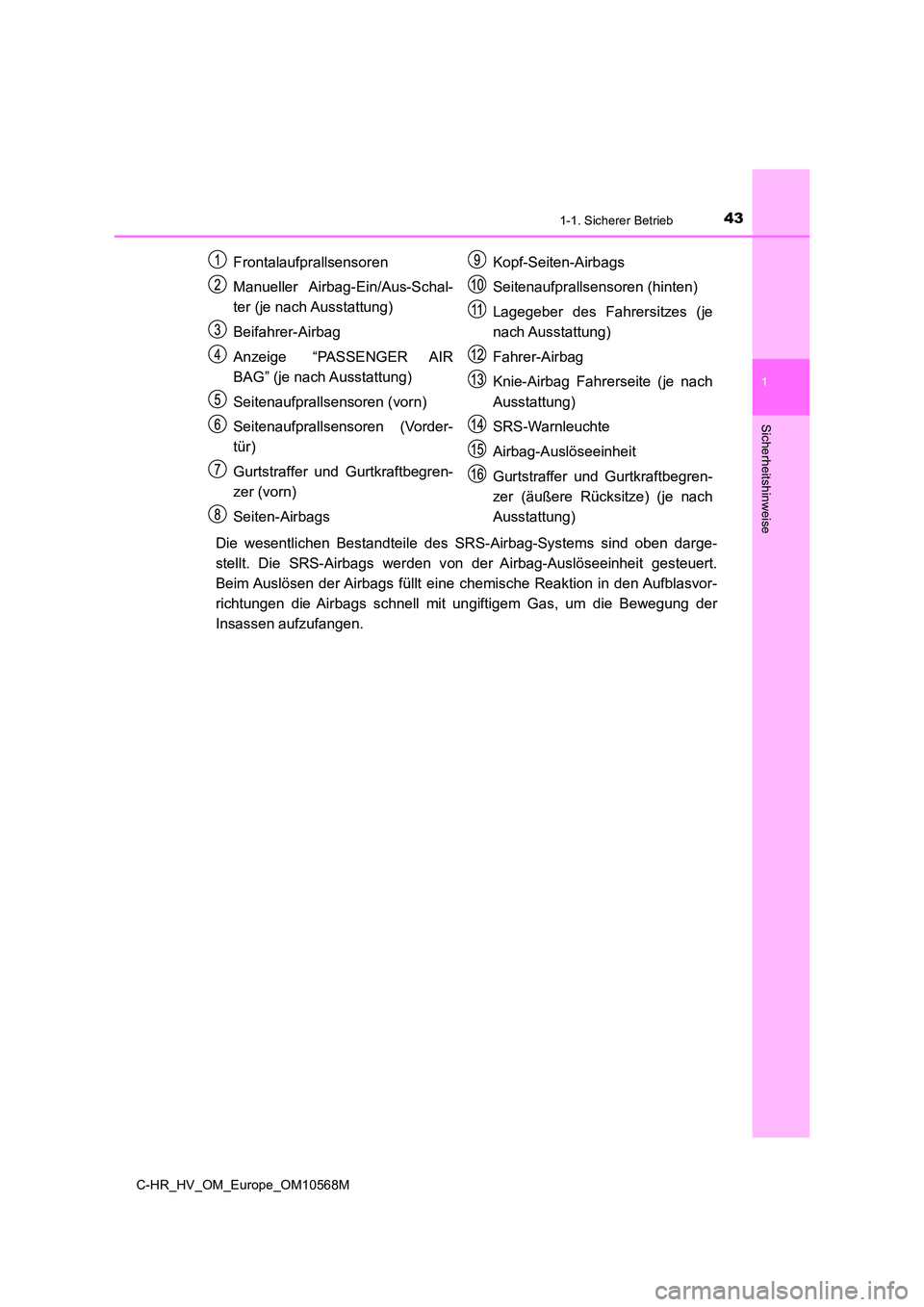 TOYOTA C-HR 2021  Betriebsanleitungen (in German) 431-1. Sicherer Betrieb
1
Sicherheitshinweise
C-HR_HV_OM_Europe_OM10568M
Die wesentlichen Bestandteile des SRS-Airbag-Systems sind oben darge- 
stellt. Die SRS-Airbags werden v on der Airbag-Auslösee