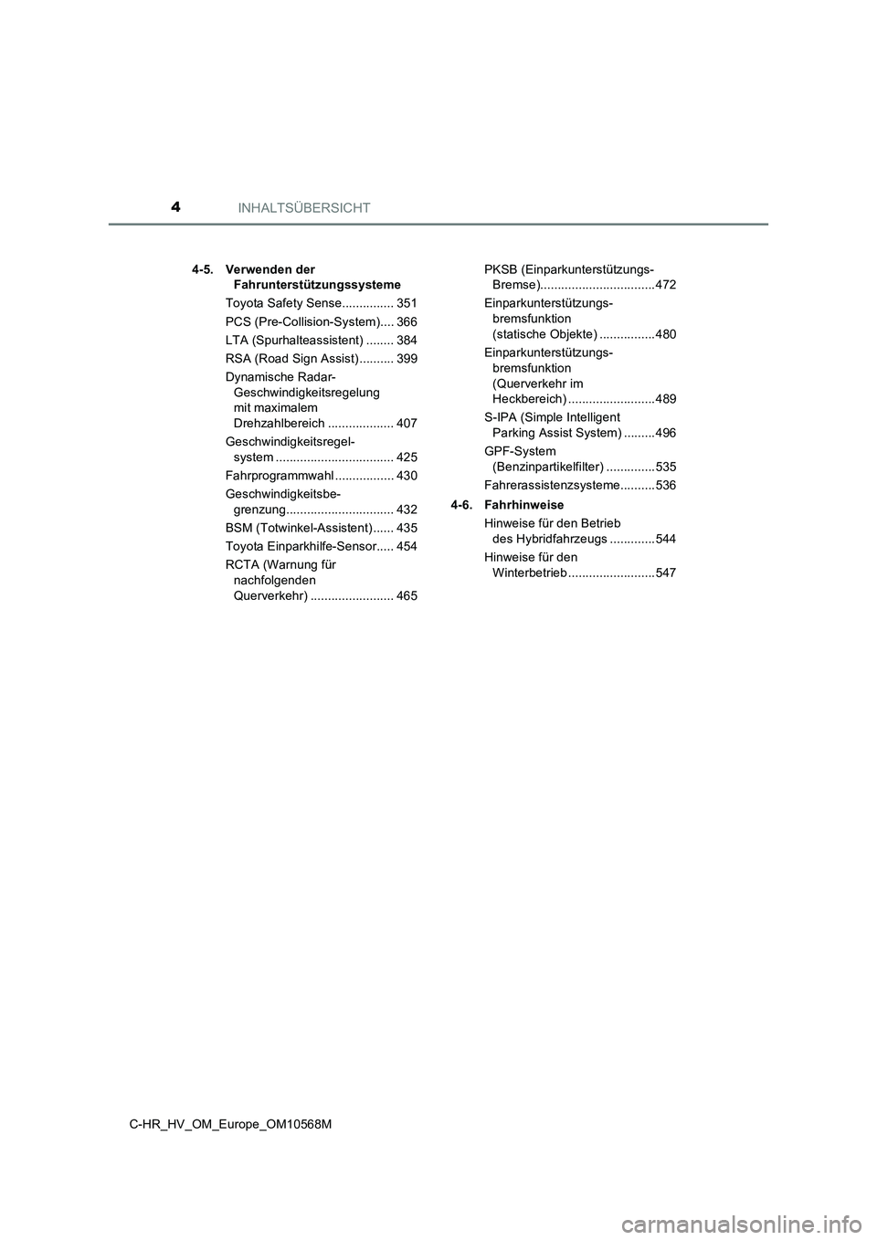 TOYOTA C-HR 2020  Betriebsanleitungen (in German) INHALTSÜBERSICHT4
C-HR_HV_OM_Europe_OM10568M4-5. Verwenden der 
Fahrunterstützungssysteme
Toyota Safety Sense............... 351
PCS (Pre-Collision-System).... 366
LTA (Spurhalteassistent) ........ 