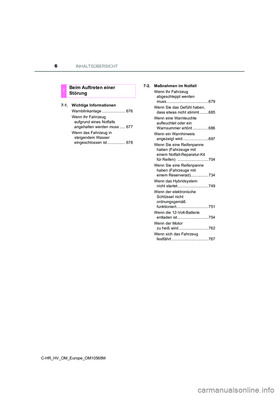 TOYOTA C-HR 2021 Betriebsanleitungen (in German) INHALTSÜBERSICHT6
C-HR_HV_OM_Europe_OM10568M
7-1. Wichtige Informationen
Warnblinkanlage ..................... 676
Wenn Ihr Fahrzeug
aufgrund eines Notfalls
angehalten werden muss ..... 677
W TOYOTA C-HR 2021 Betriebsanleitungen (in German) INHALTSÜBERSICHT6
C-HR_HV_OM_Europe_OM10568M
7-1. Wichtige Informationen
Warnblinkanlage ..................... 676
Wenn Ihr Fahrzeug
aufgrund eines Notfalls
angehalten werden muss ..... 677
W
