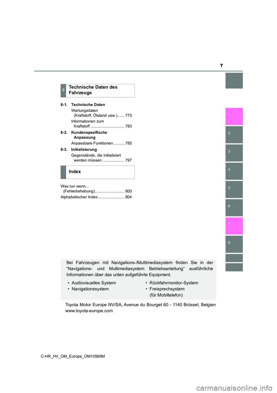 TOYOTA C-HR 2020  Betriebsanleitungen (in German) 7
1 
5 
4
3
2
C-HR_HV_OM_Europe_OM10568M
8
7
6
8-1. Technische Daten 
Wartungsdaten  
(Kraftstoff, Ölstand usw.) ...... 770 
Informationen zum  
Kraftstoff ............................... 783 
8-2. K
