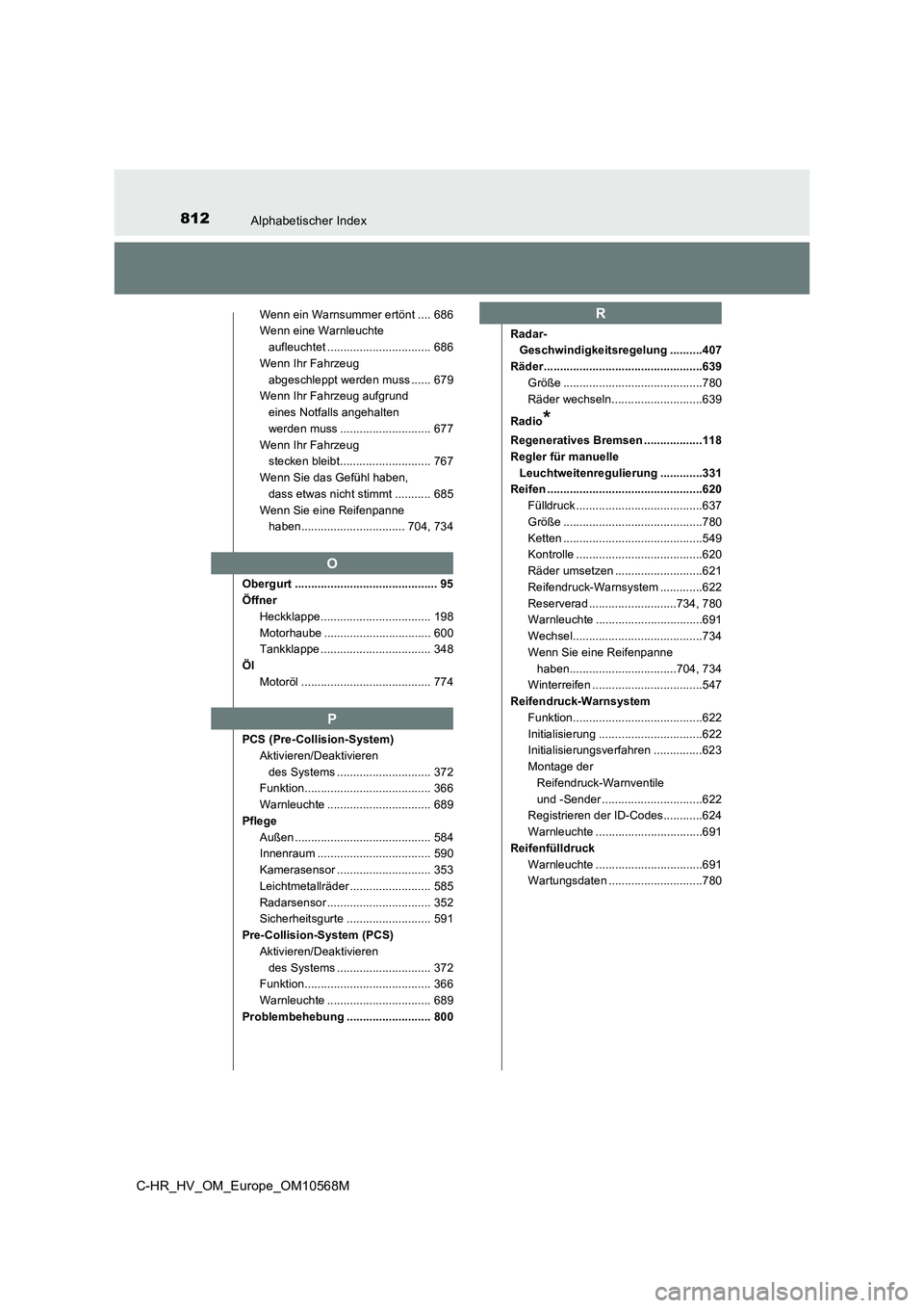 TOYOTA C-HR 2021 Betriebsanleitungen (in German) 812Alphabetischer Index
C-HR_HV_OM_Europe_OM10568M
Wenn ein Warnsummer ertönt .... 686
Wenn eine Warnleuchte
aufleuchtet ................................ 686
Wenn Ihr Fahrzeug
abgeschleppt werden m TOYOTA C-HR 2021 Betriebsanleitungen (in German) 812Alphabetischer Index
C-HR_HV_OM_Europe_OM10568M
Wenn ein Warnsummer ertönt .... 686
Wenn eine Warnleuchte
aufleuchtet ................................ 686
Wenn Ihr Fahrzeug
abgeschleppt werden m