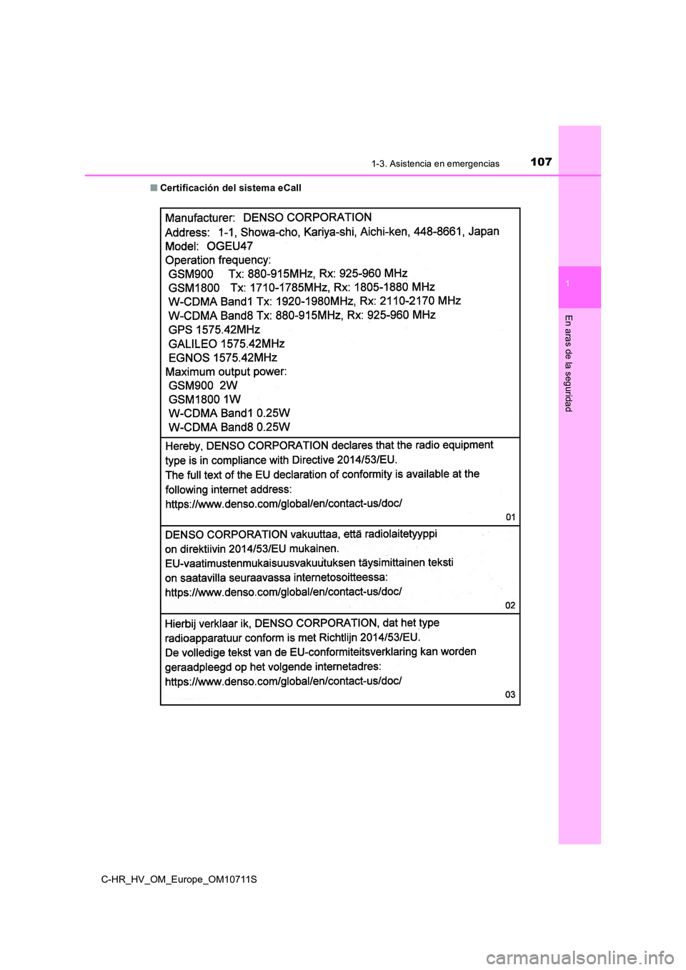 TOYOTA C-HR 2020 Manual del propietario (in Spanish) 1071-3. Asistencia en emergencias
1
En aras de la seguridad
C-HR_HV_OM_Europe_OM10711S
■ Certificación del sistema eCall TOYOTA C-HR 2020 Manual del propietario (in Spanish) 1071-3. Asistencia en emergencias
1
En aras de la seguridad
C-HR_HV_OM_Europe_OM10711S
■ Certificación del sistema eCall