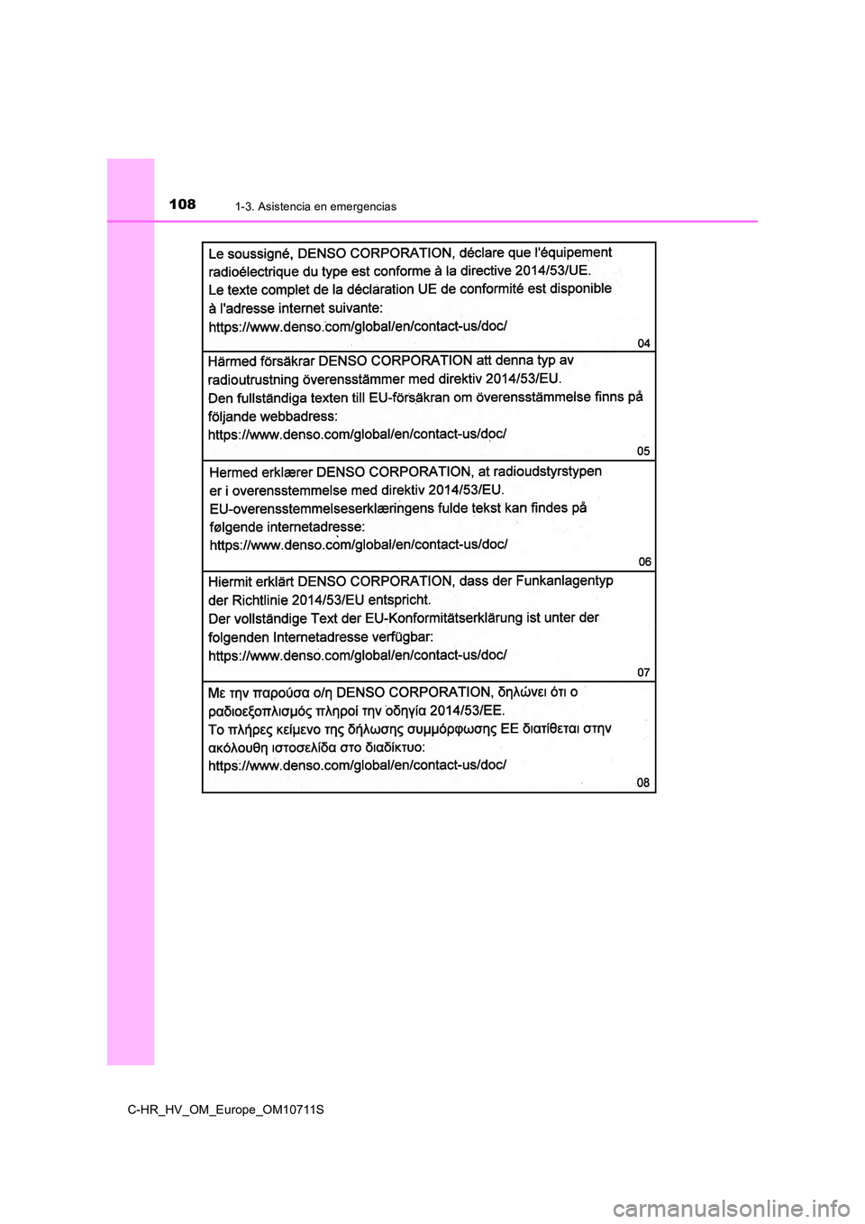 TOYOTA C-HR 2020 Manual del propietario (in Spanish) 1081-3. Asistencia en emergencias
C-HR_HV_OM_Europe_OM10711S TOYOTA C-HR 2020 Manual del propietario (in Spanish) 1081-3. Asistencia en emergencias
C-HR_HV_OM_Europe_OM10711S