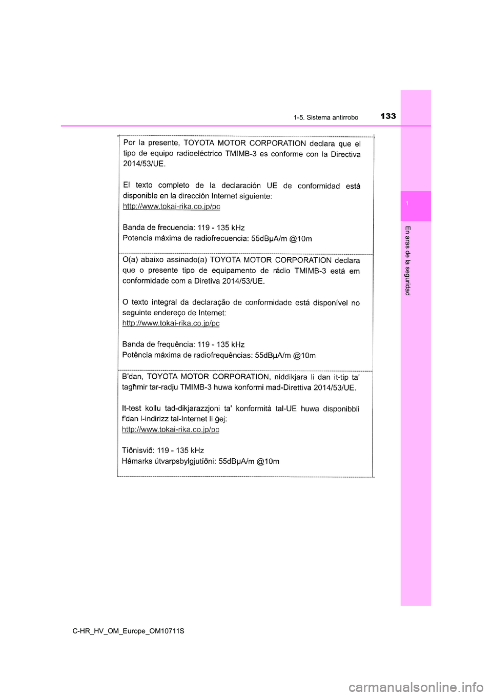 TOYOTA C-HR 2020  Manual del propietario (in Spanish) 1331-5. Sistema antirrobo
1
En aras de la seguridad
C-HR_HV_OM_Europe_OM10711S 