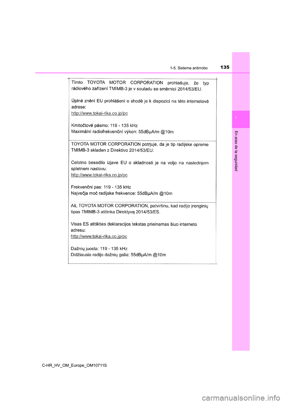 TOYOTA C-HR 2020  Manual del propietario (in Spanish) 1351-5. Sistema antirrobo
1
En aras de la seguridad
C-HR_HV_OM_Europe_OM10711S 