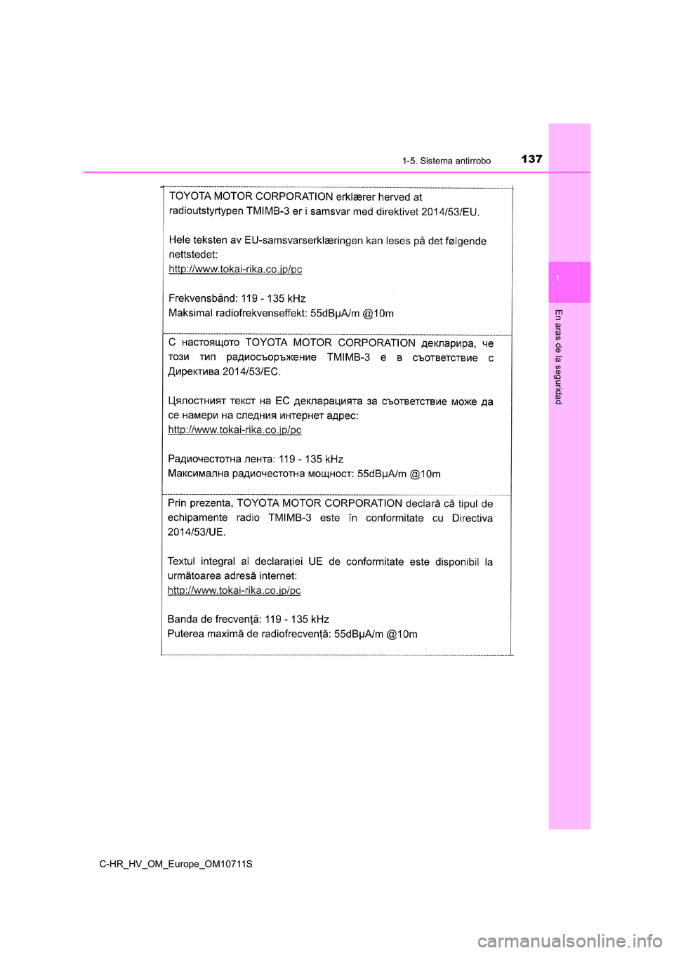 TOYOTA C-HR 2020  Manual del propietario (in Spanish) 1371-5. Sistema antirrobo
1
En aras de la seguridad
C-HR_HV_OM_Europe_OM10711S 