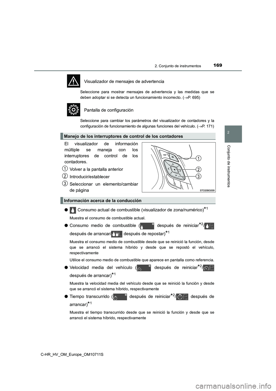 TOYOTA C-HR 2020  Manual del propietario (in Spanish) 1692. Conjunto de instrumentos
2
Conjunto de instrumentos
C-HR_HV_OM_Europe_OM10711S
Visualizador de mensajes de advertencia
Seleccione para mostrar mensajes de advertencia y las medidas que se
deben 