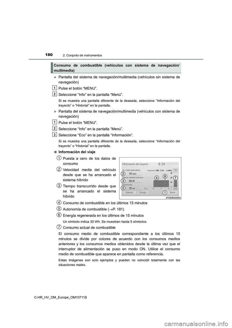 TOYOTA C-HR 2020  Manual del propietario (in Spanish) 1802. Conjunto de instrumentos
C-HR_HV_OM_Europe_OM10711S
Pantalla del sistema de navegación/multimedia (vehículos sin sistema de
navegación)
Pulse el botón “MENU”.
Seleccione “Info” en