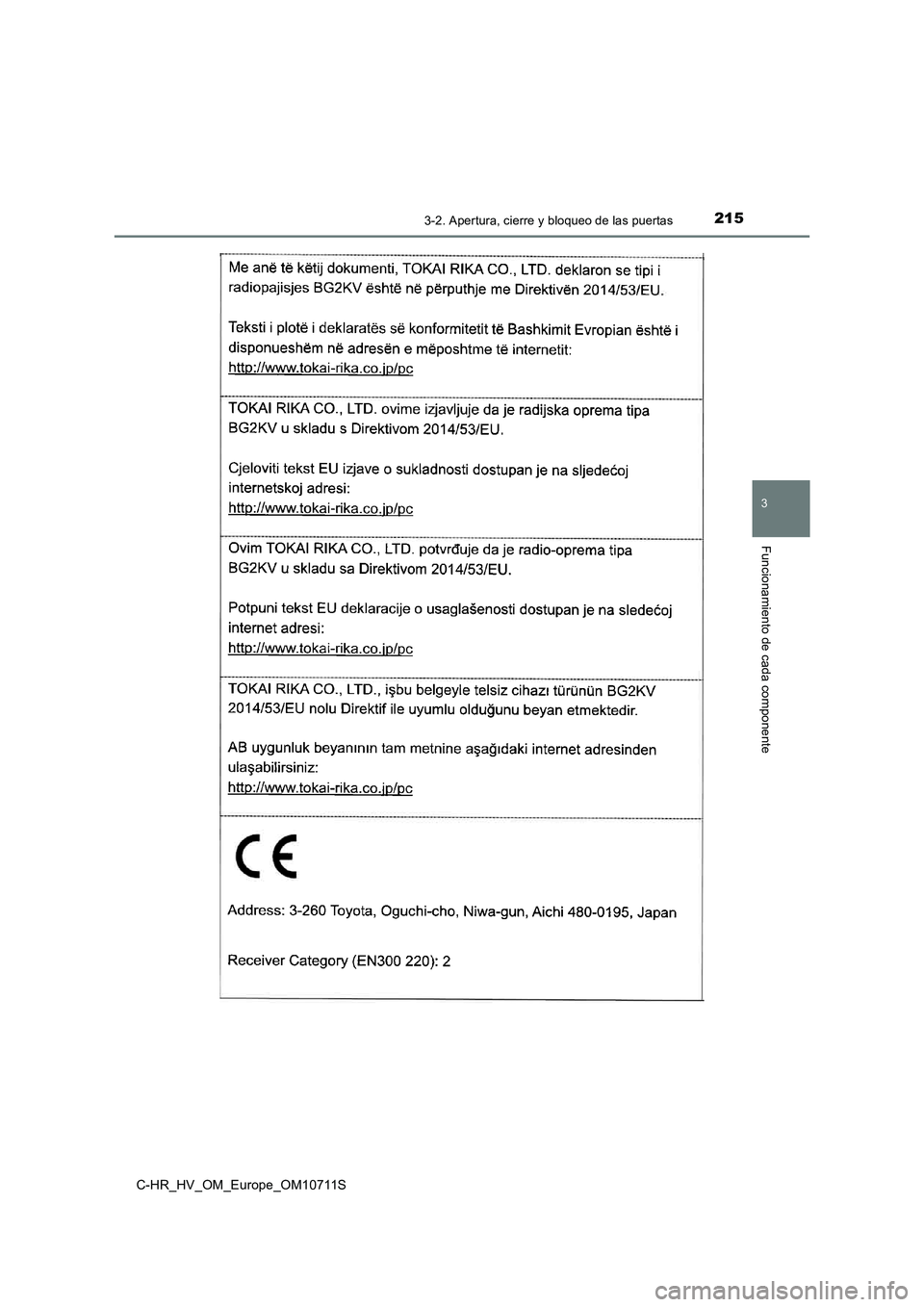 TOYOTA C-HR 2020  Manual del propietario (in Spanish) 2153-2. Apertura, cierre y bloqueo de las puertas
3
Funcionamiento de cada componente
C-HR_HV_OM_Europe_OM10711S 