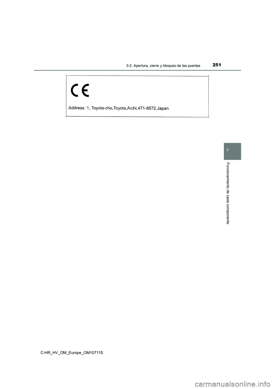 TOYOTA C-HR 2020  Manual del propietario (in Spanish) 2513-2. Apertura, cierre y bloqueo de las puertas
3
Funcionamiento de cada componente
C-HR_HV_OM_Europe_OM10711S 