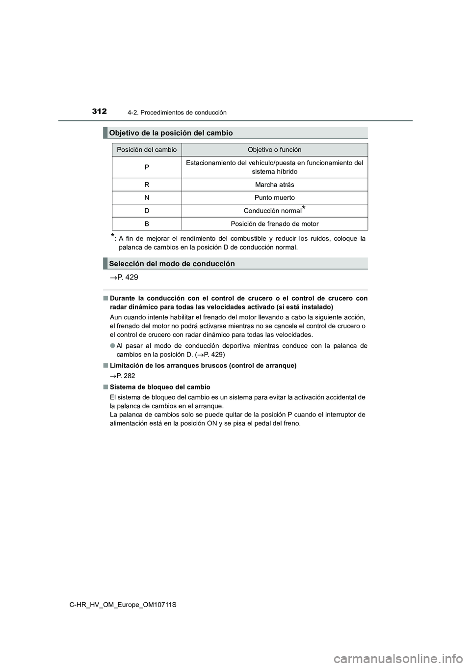 TOYOTA C-HR 2020 Manual del propietario (in Spanish) 3124-2. Procedimientos de conducción
C-HR_HV_OM_Europe_OM10711S
*: A fin de mejorar el rendimiento del combustible y reducir los ruidos, coloque la
palanca de cambios en la posición D de conducción TOYOTA C-HR 2020 Manual del propietario (in Spanish) 3124-2. Procedimientos de conducción
C-HR_HV_OM_Europe_OM10711S
*: A fin de mejorar el rendimiento del combustible y reducir los ruidos, coloque la
palanca de cambios en la posición D de conducción
