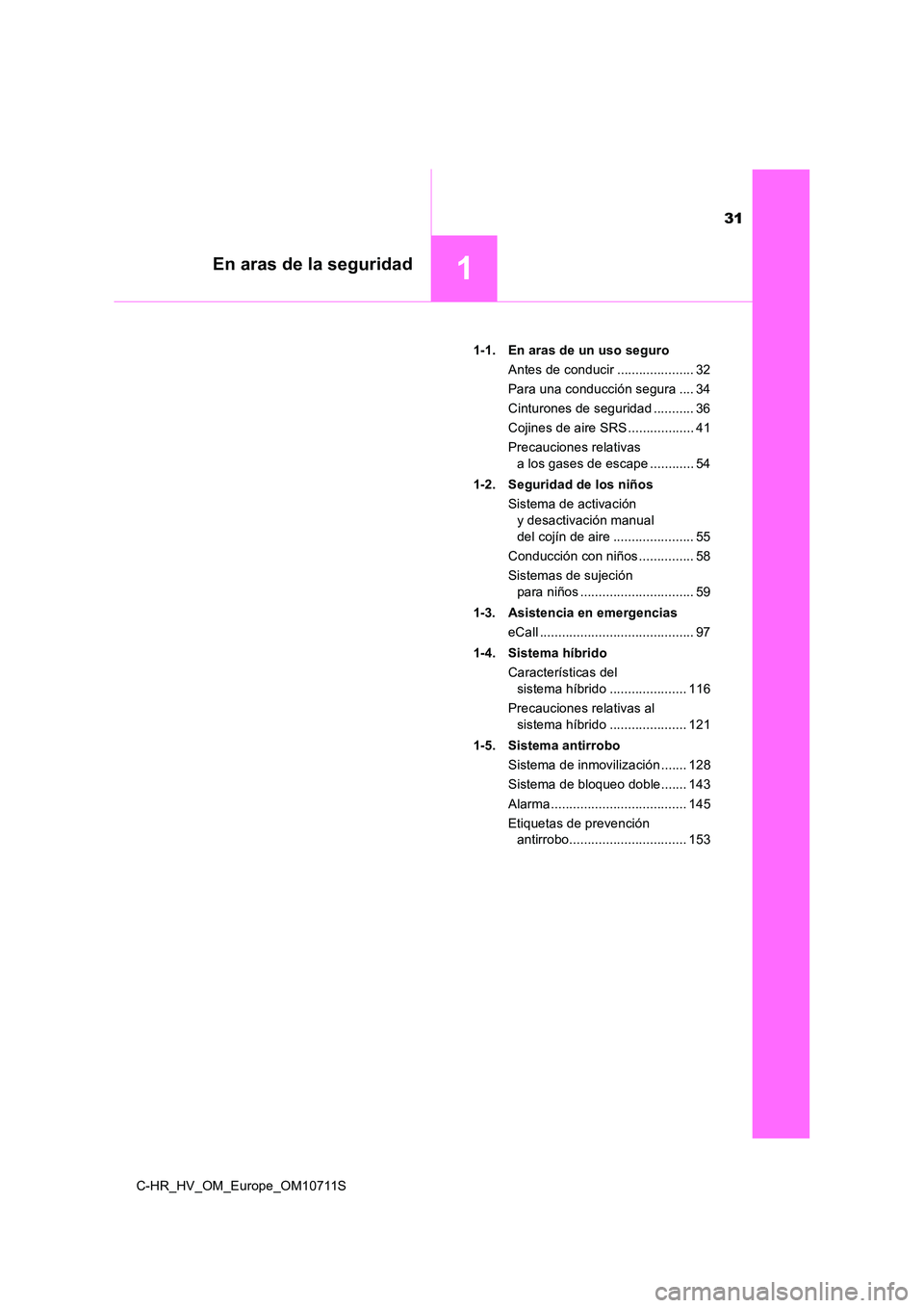 TOYOTA C-HR 2020 Manual del propietario (in Spanish) 31
1En aras de la seguridad
C-HR_HV_OM_Europe_OM10711S
1-1. En aras de un uso seguro
Antes de conducir ..................... 32
Para una conducción segura .... 34
Cinturones de seguridad ......... TOYOTA C-HR 2020 Manual del propietario (in Spanish) 31
1En aras de la seguridad
C-HR_HV_OM_Europe_OM10711S
1-1. En aras de un uso seguro
Antes de conducir ..................... 32
Para una conducción segura .... 34
Cinturones de seguridad .........