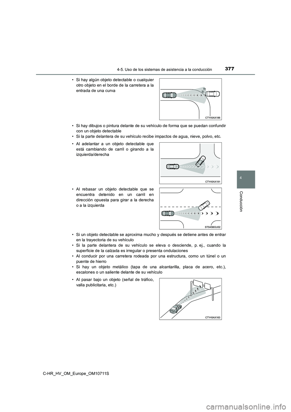 TOYOTA C-HR 2020  Manual del propietario (in Spanish) 3774-5. Uso de los sistemas de asistencia a la conducción
4
Conducción
C-HR_HV_OM_Europe_OM10711S 
• Si hay dibujos o pintura delante de su vehículo de forma que se puedan confundir 
con un objet