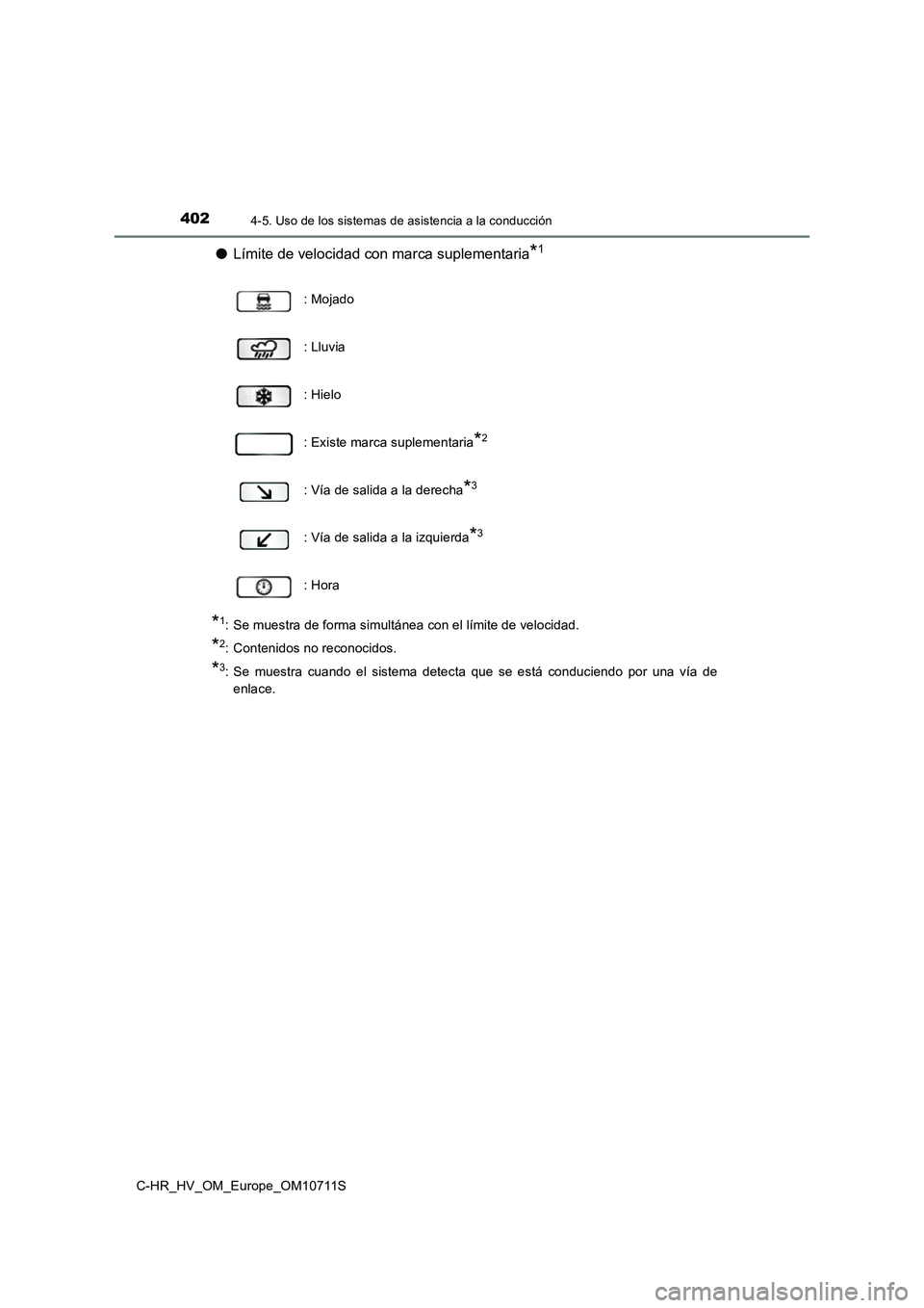 TOYOTA C-HR 2020  Manual del propietario (in Spanish) 4024-5. Uso de los sistemas de asistencia a la conducción
C-HR_HV_OM_Europe_OM10711S
●Límite de velocidad con marca suplementaria*1
*1: Se muestra de forma simultánea con el límite de velocidad.