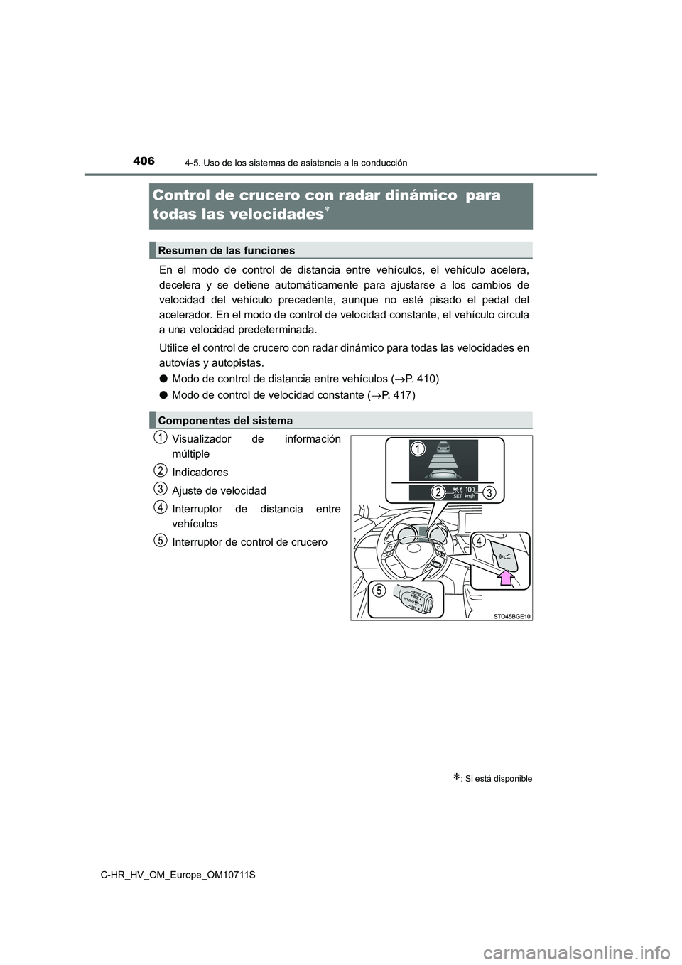 TOYOTA C-HR 2020  Manual del propietario (in Spanish) 4064-5. Uso de los sistemas de asistencia a la conducción
C-HR_HV_OM_Europe_OM10711S
Control de crucero con radar dinámico para 
todas las velocidades

En el modo de control de distancia en