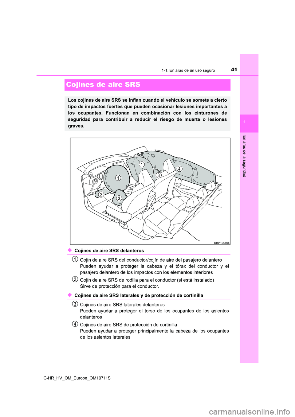 TOYOTA C-HR 2020 Manual del propietario (in Spanish) 411-1. En aras de un uso seguro
1
En aras de la seguridad
C-HR_HV_OM_Europe_OM10711S
Cojines de aire SRS
◆Cojines de aire SRS delanteros
Cojín de aire SRS del conductor/cojín de aire del pasajero TOYOTA C-HR 2020 Manual del propietario (in Spanish) 411-1. En aras de un uso seguro
1
En aras de la seguridad
C-HR_HV_OM_Europe_OM10711S
Cojines de aire SRS
◆Cojines de aire SRS delanteros
Cojín de aire SRS del conductor/cojín de aire del pasajero